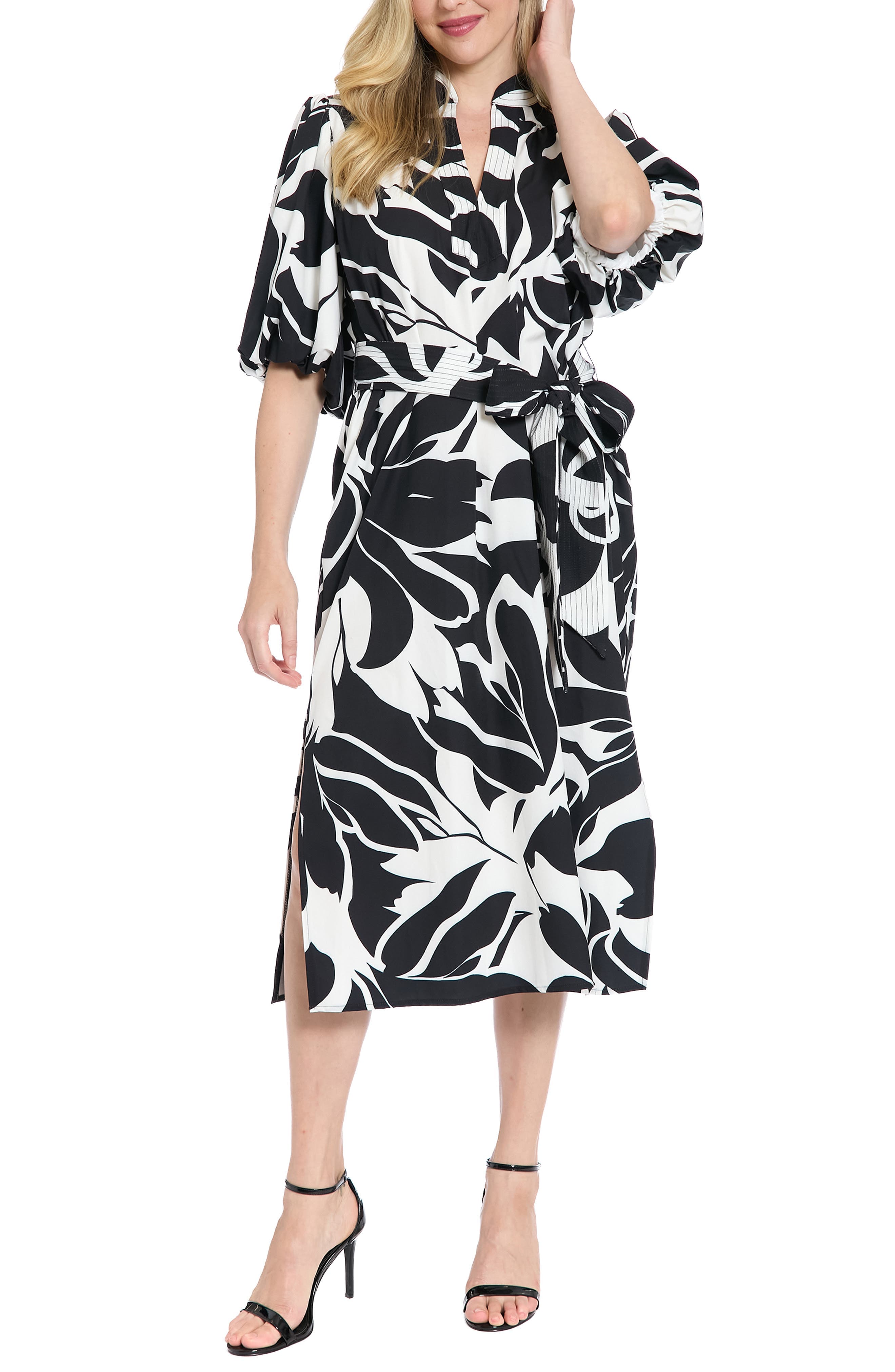 Tie Waist Split Neck Midi Dress - image 1
