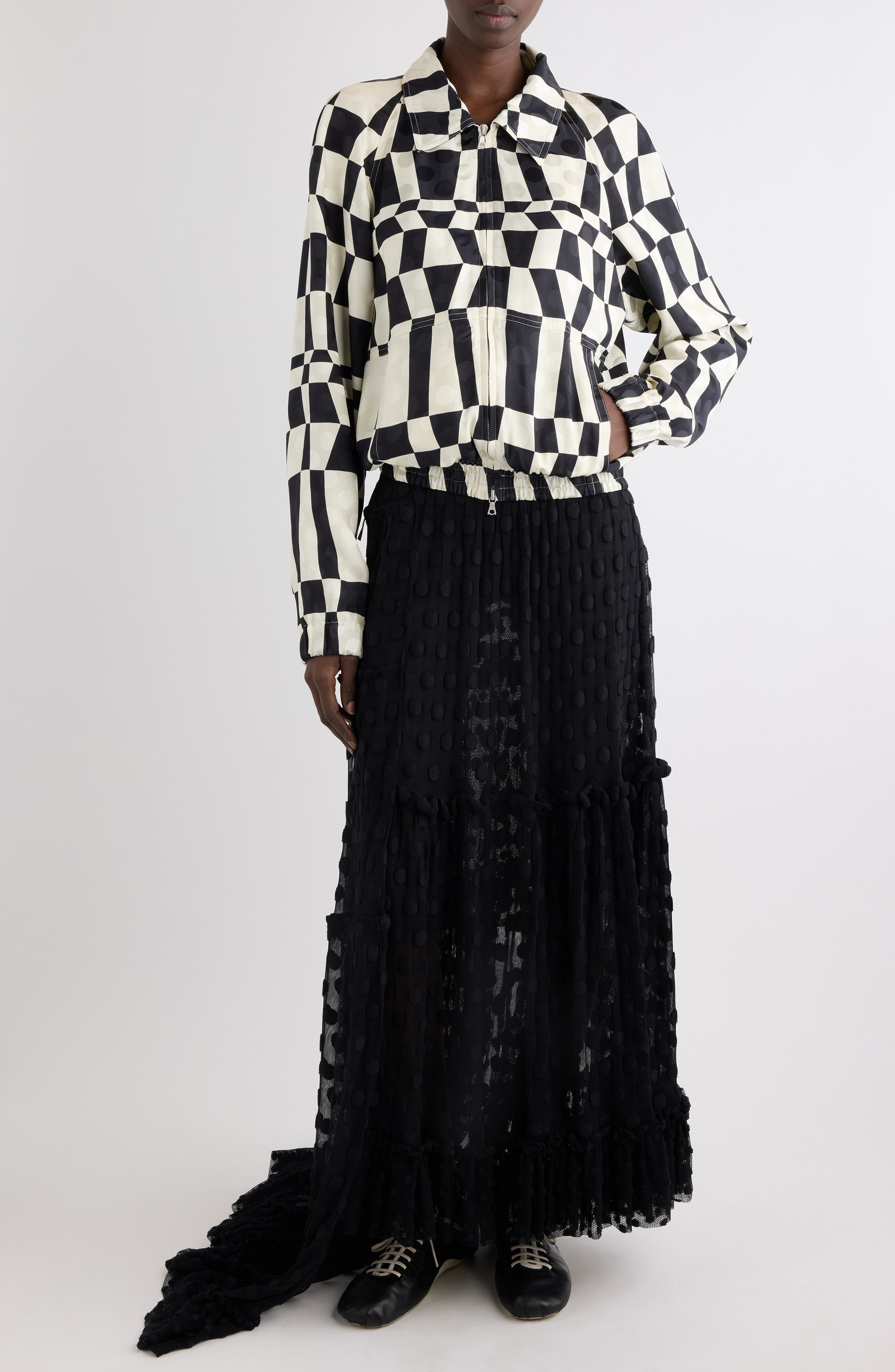 Optical Squares & Polka Dot Satin Bomber Jacket - image 2