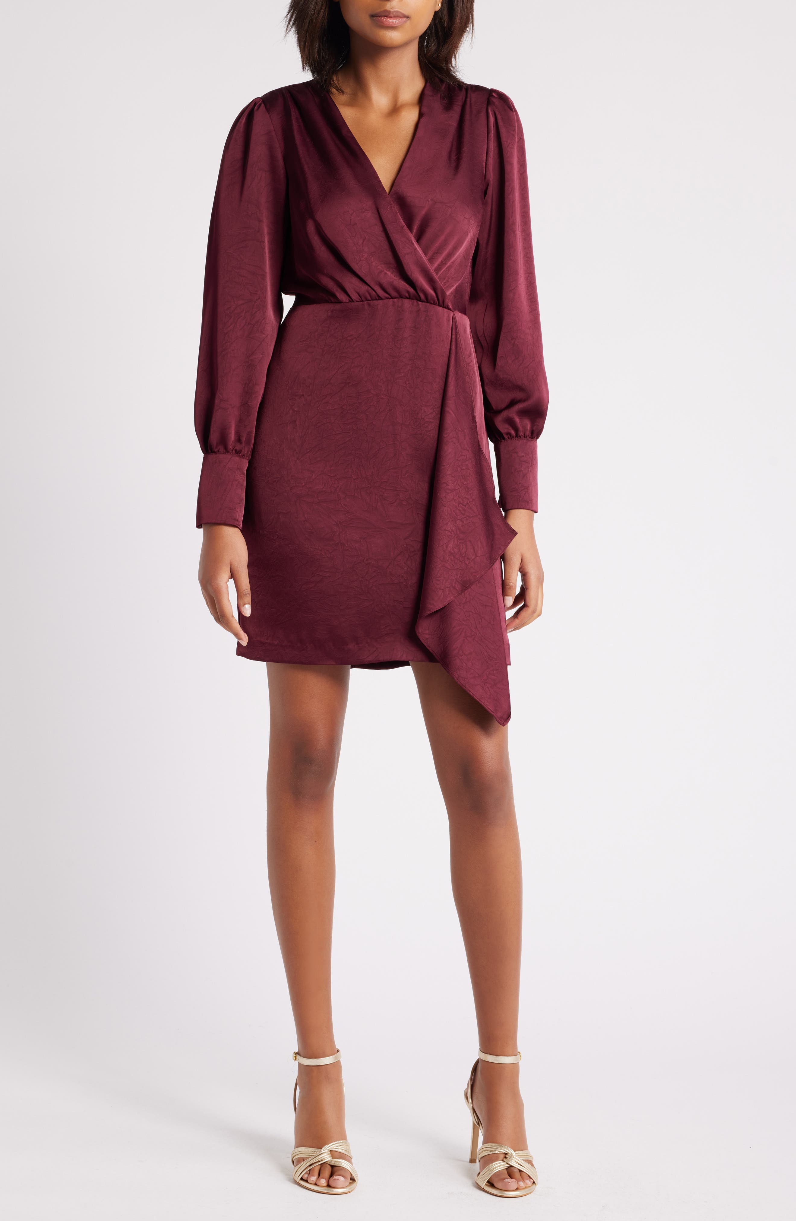 Drape Front Long Sleeve Satin Dress - image 1