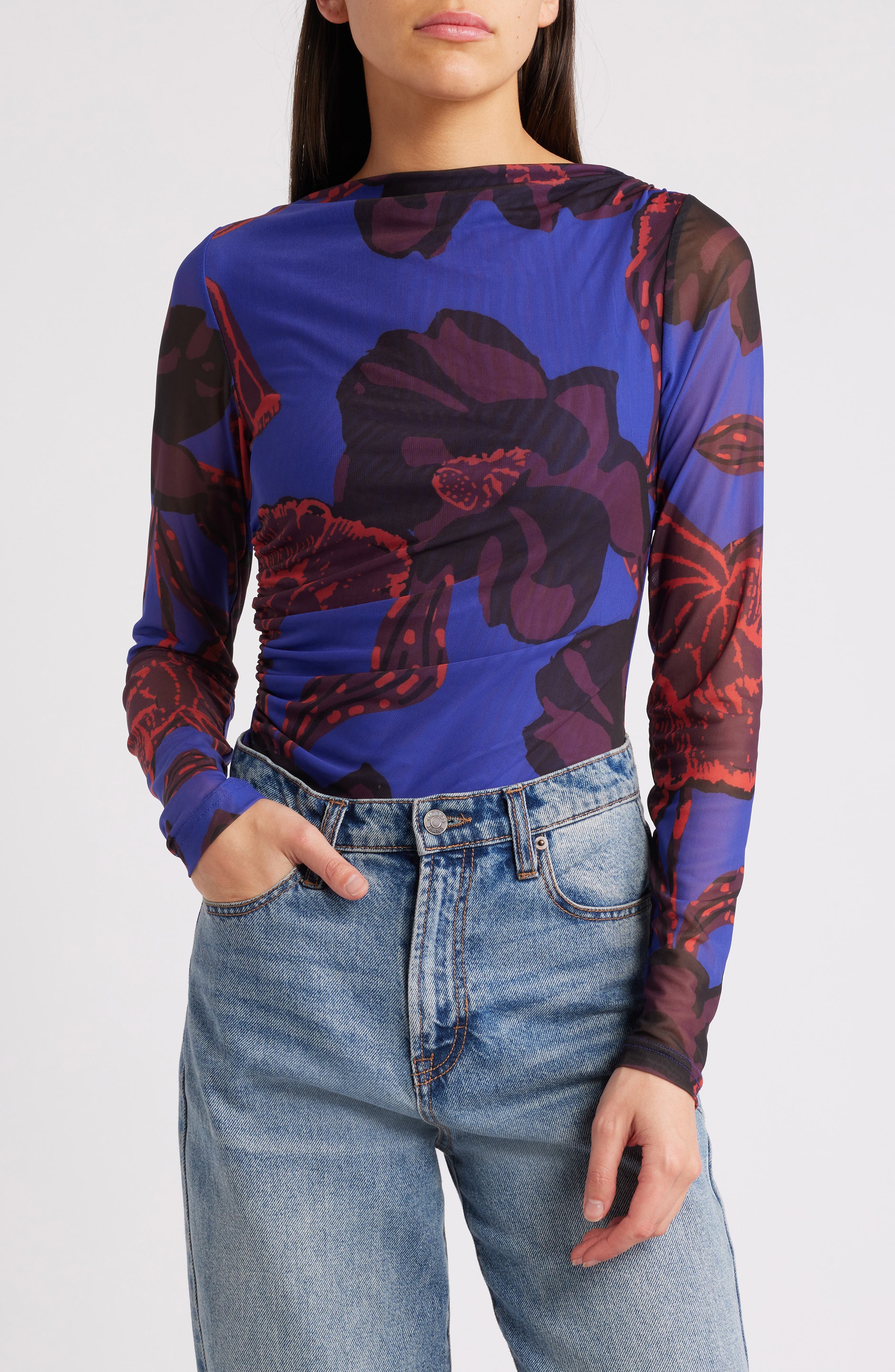 Remy Floral Print Ruched Mesh Top - image 1