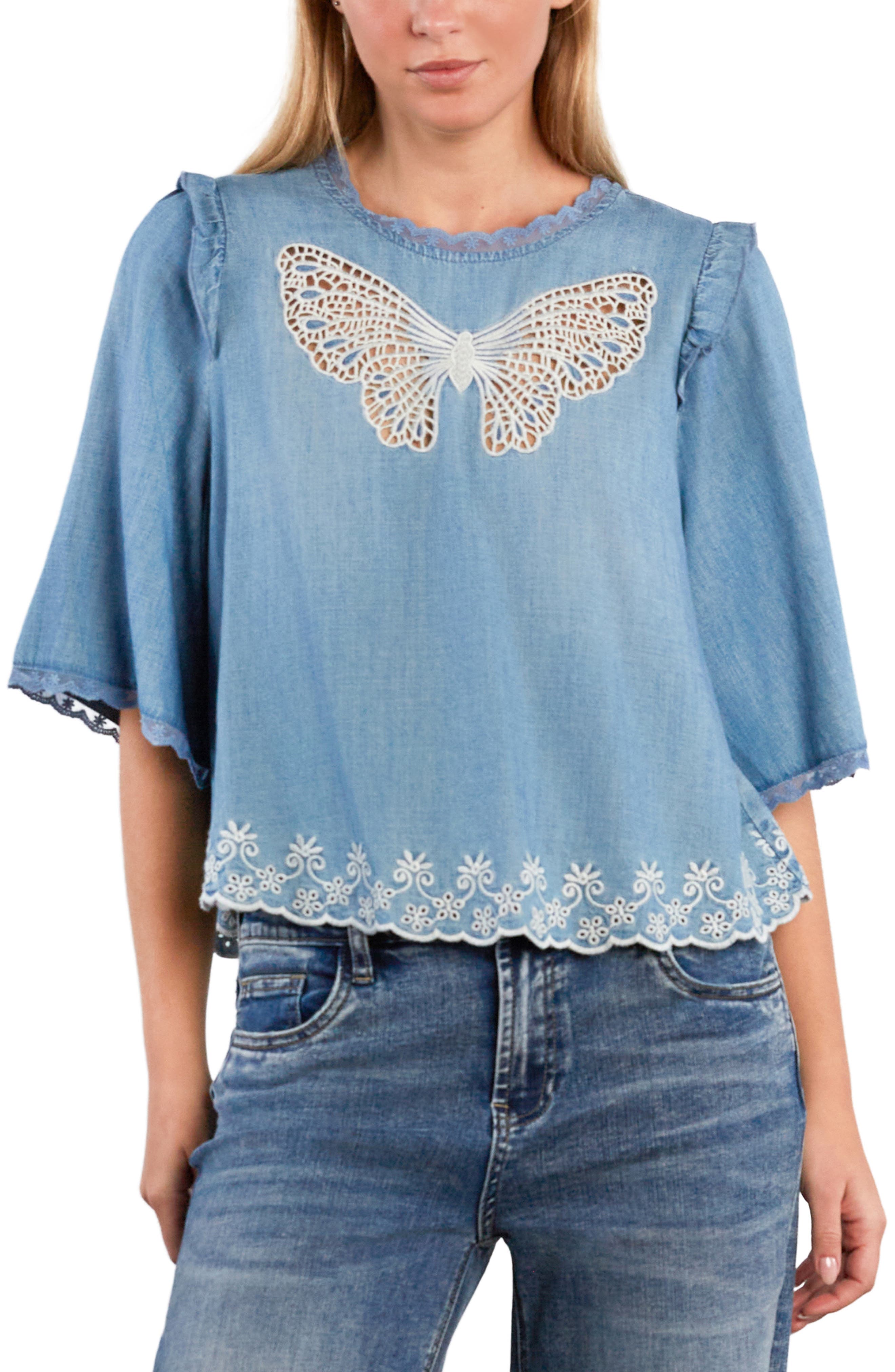 Lady Butterfly Lace Trim Chambray Top - image 1