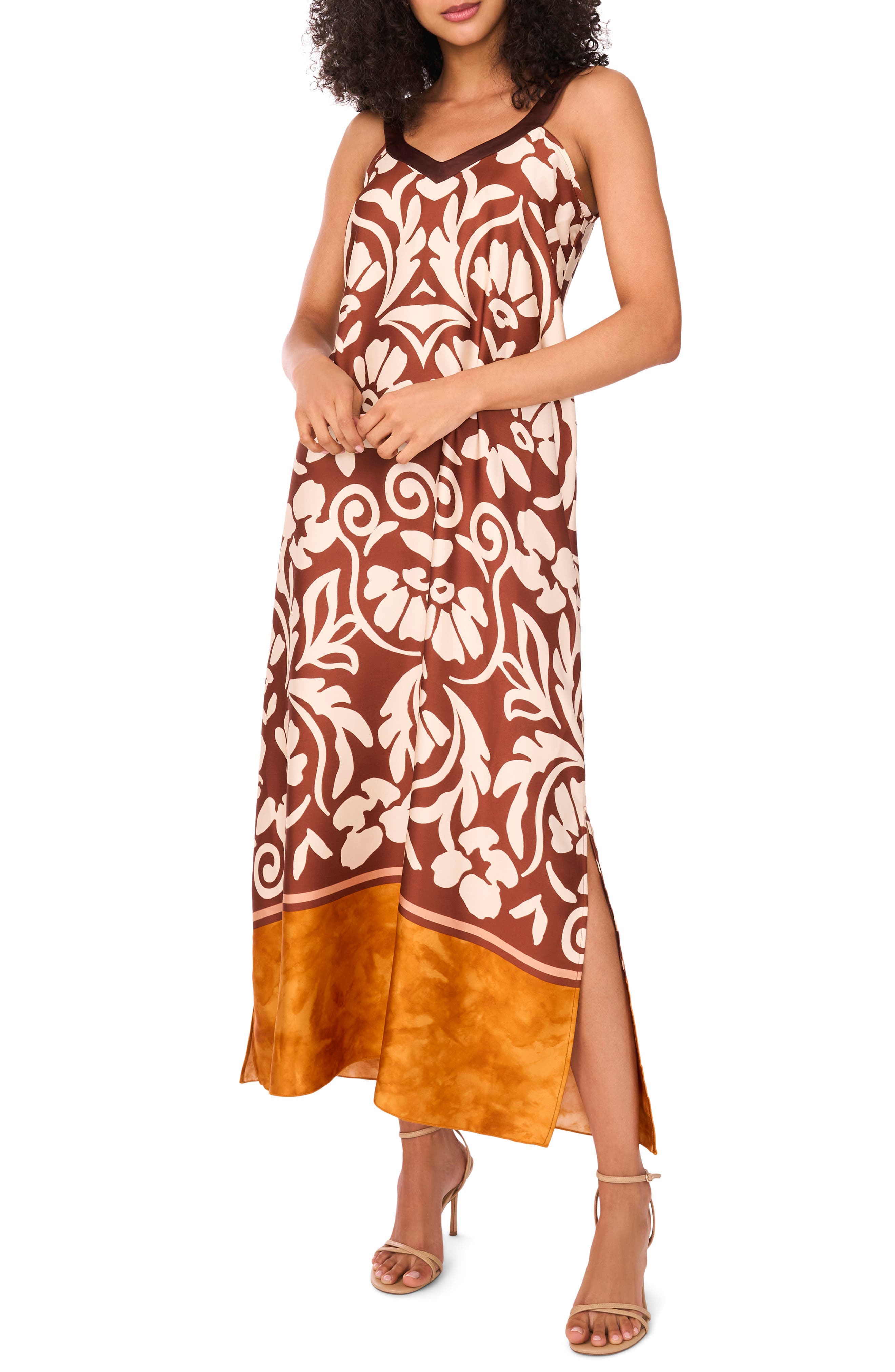 Floral Border Print Sleeveless Satin Maxi Dress - image 1