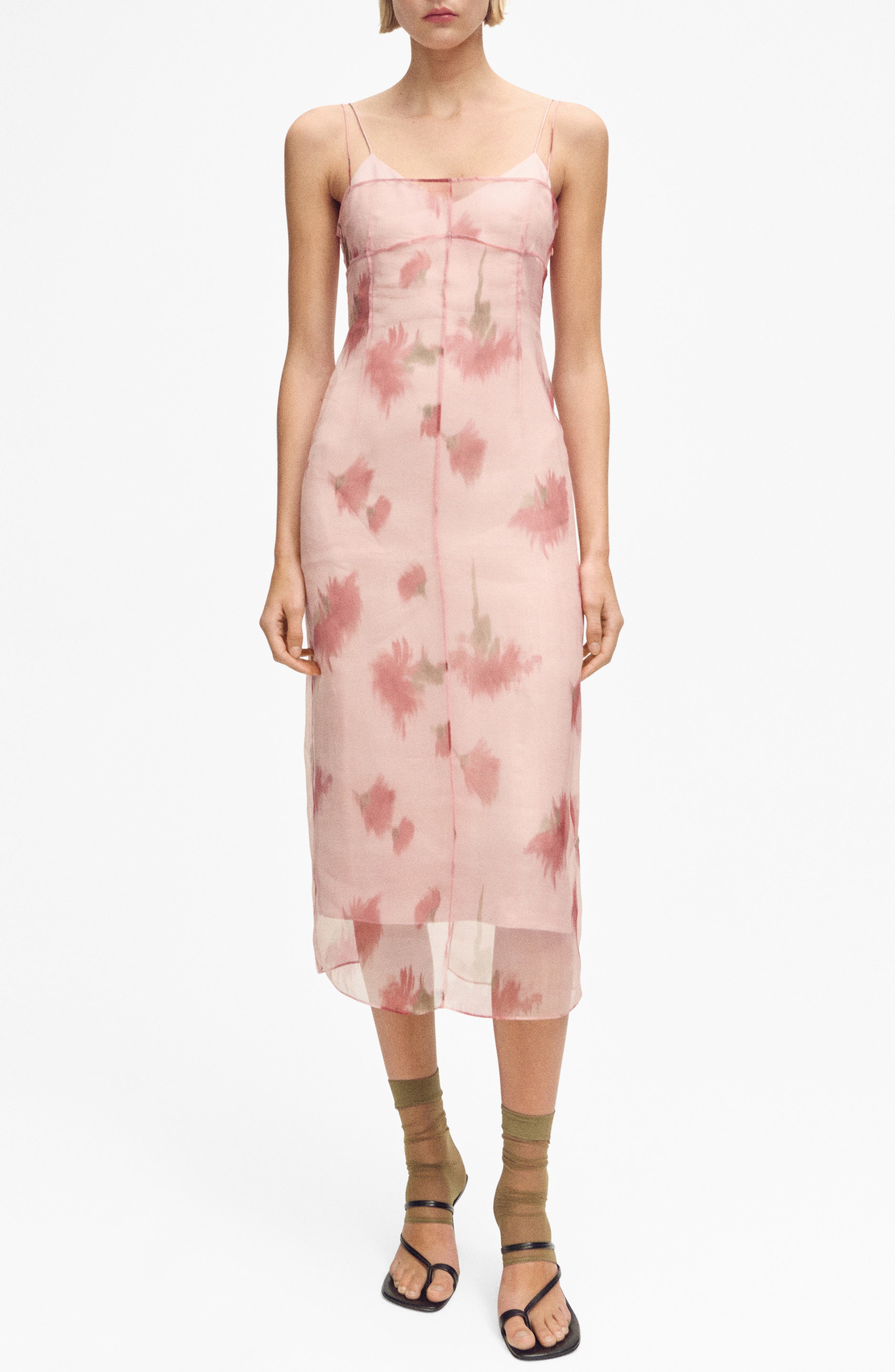 Floral Print Chiffon Overlay Midi Dress - image 1
