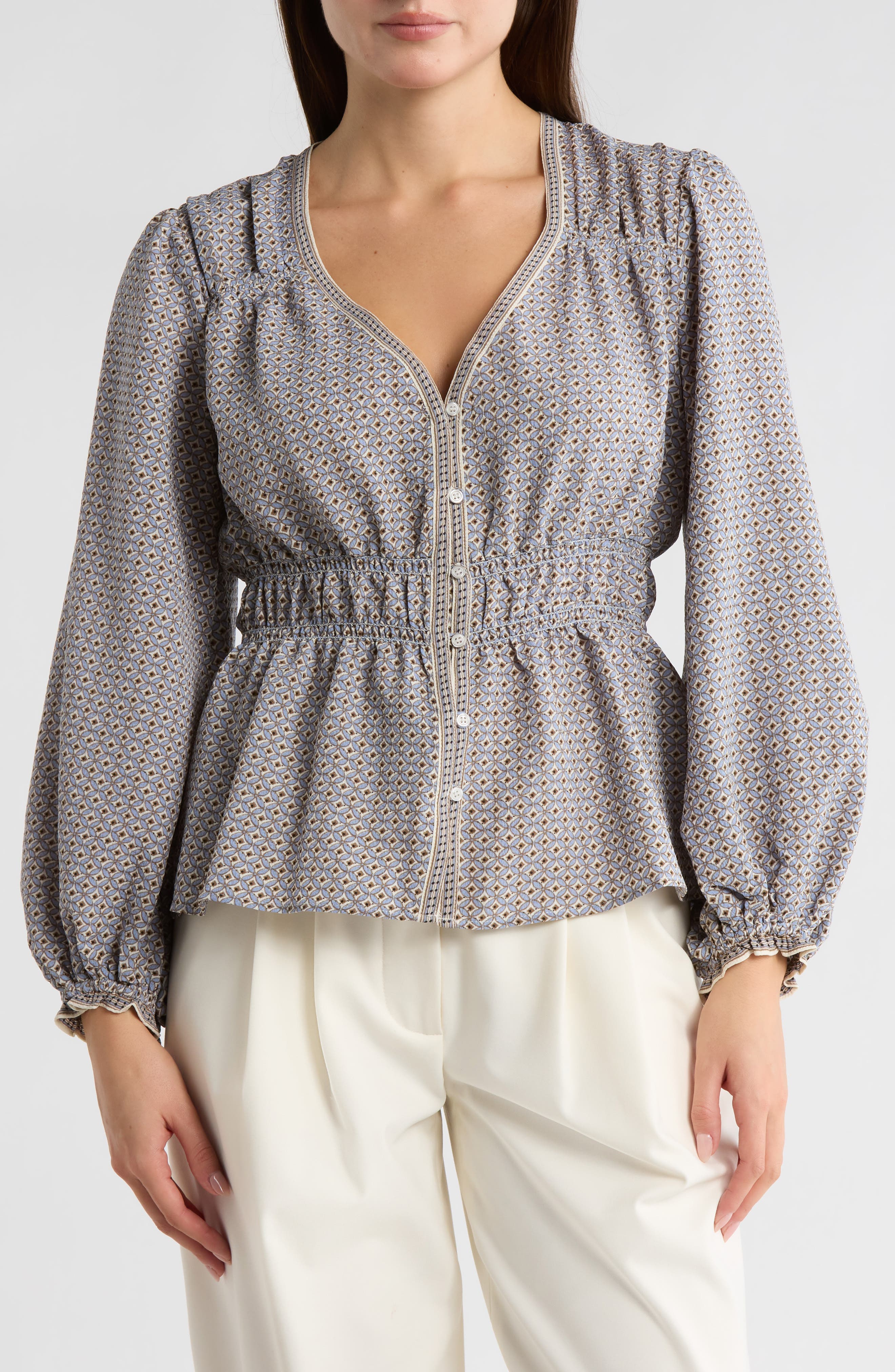 Balloon Sleeve Button-Up Peplum Top - image 3