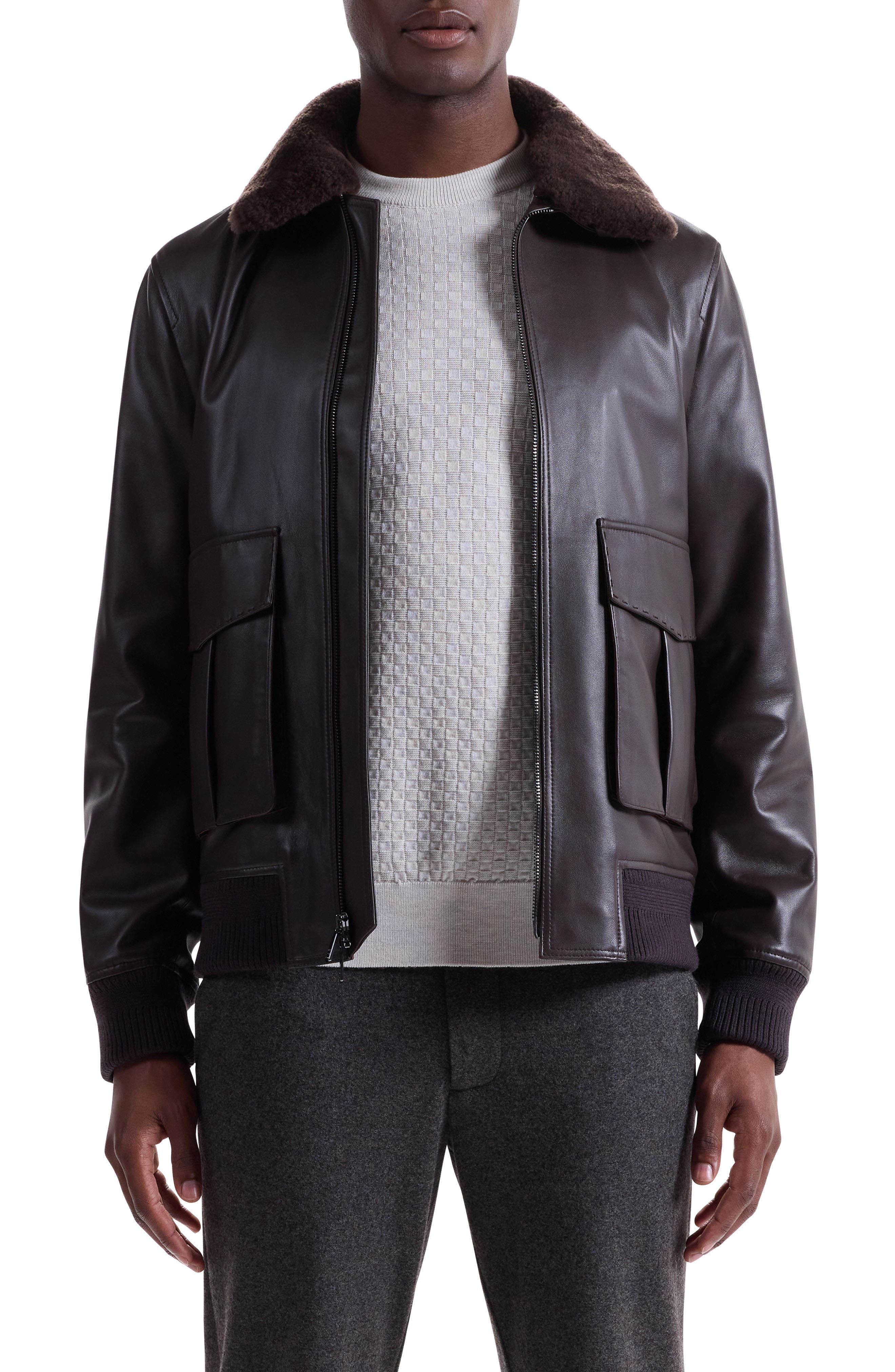 Leather Bomber Jacket with Removable Genuine Shearling Collar - image 1