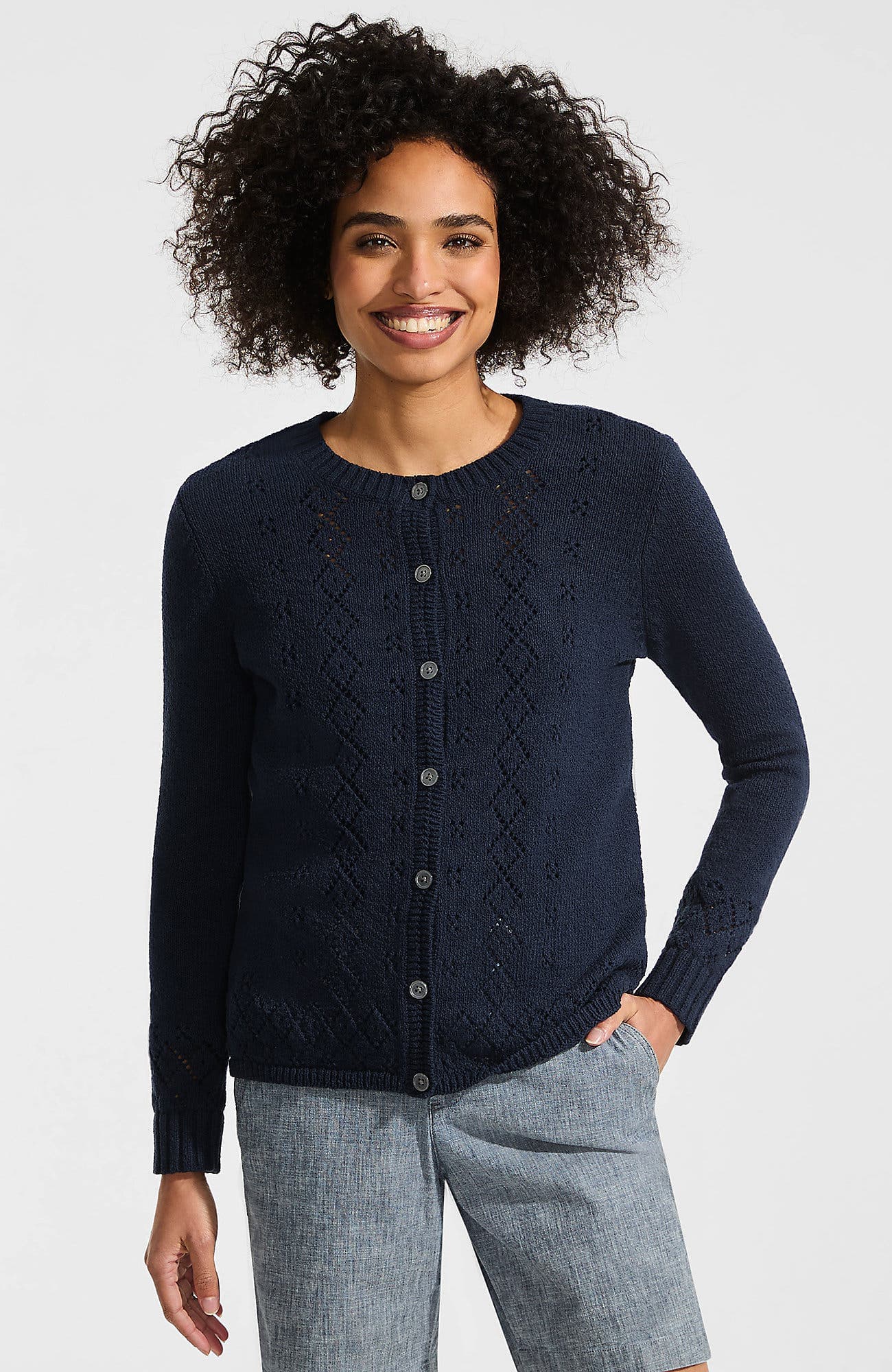Pointelle Crew Neck Cardigan Sweater - image 3