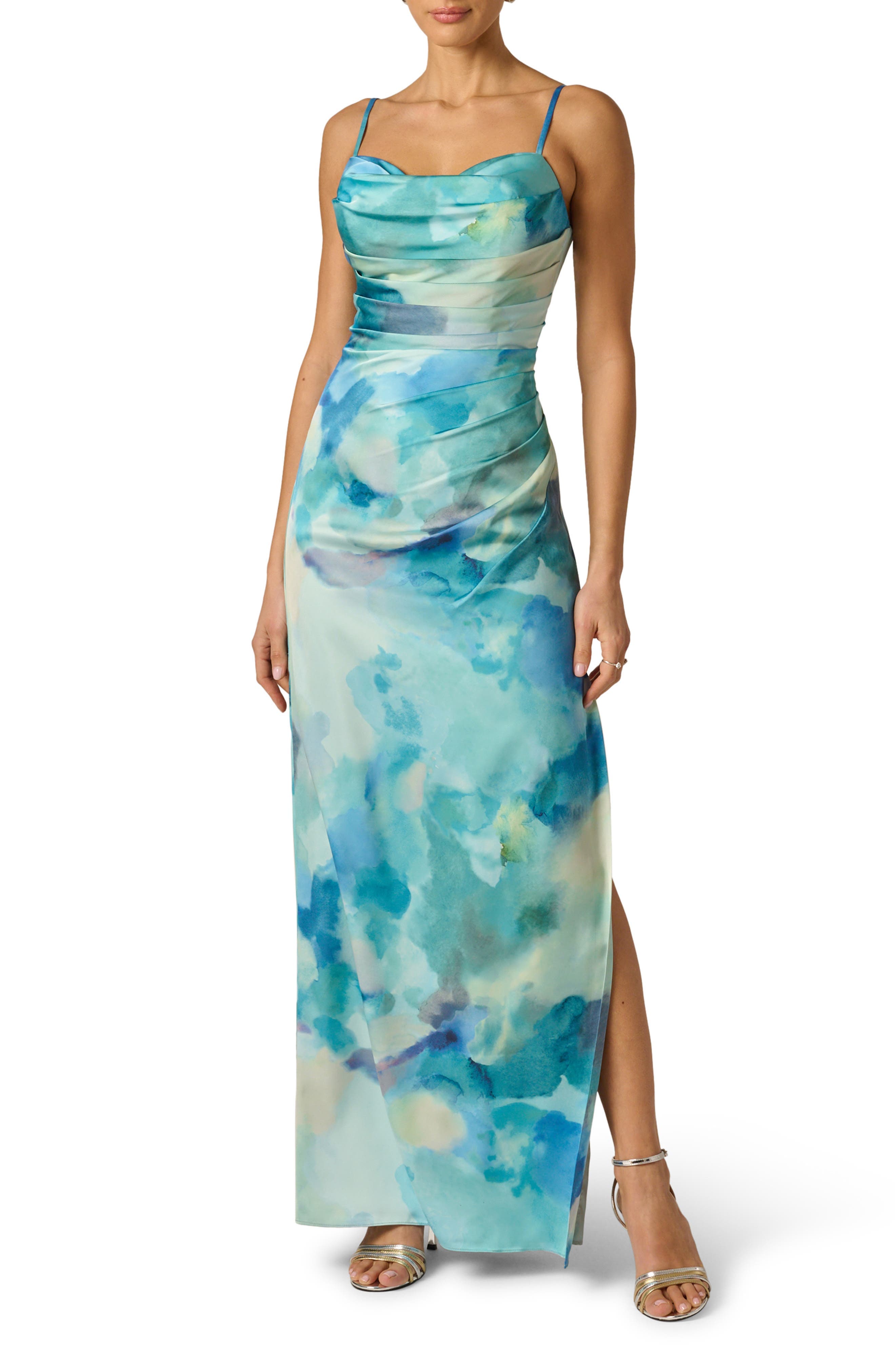 Watercolor Print Satin Maxi Dress - image 1