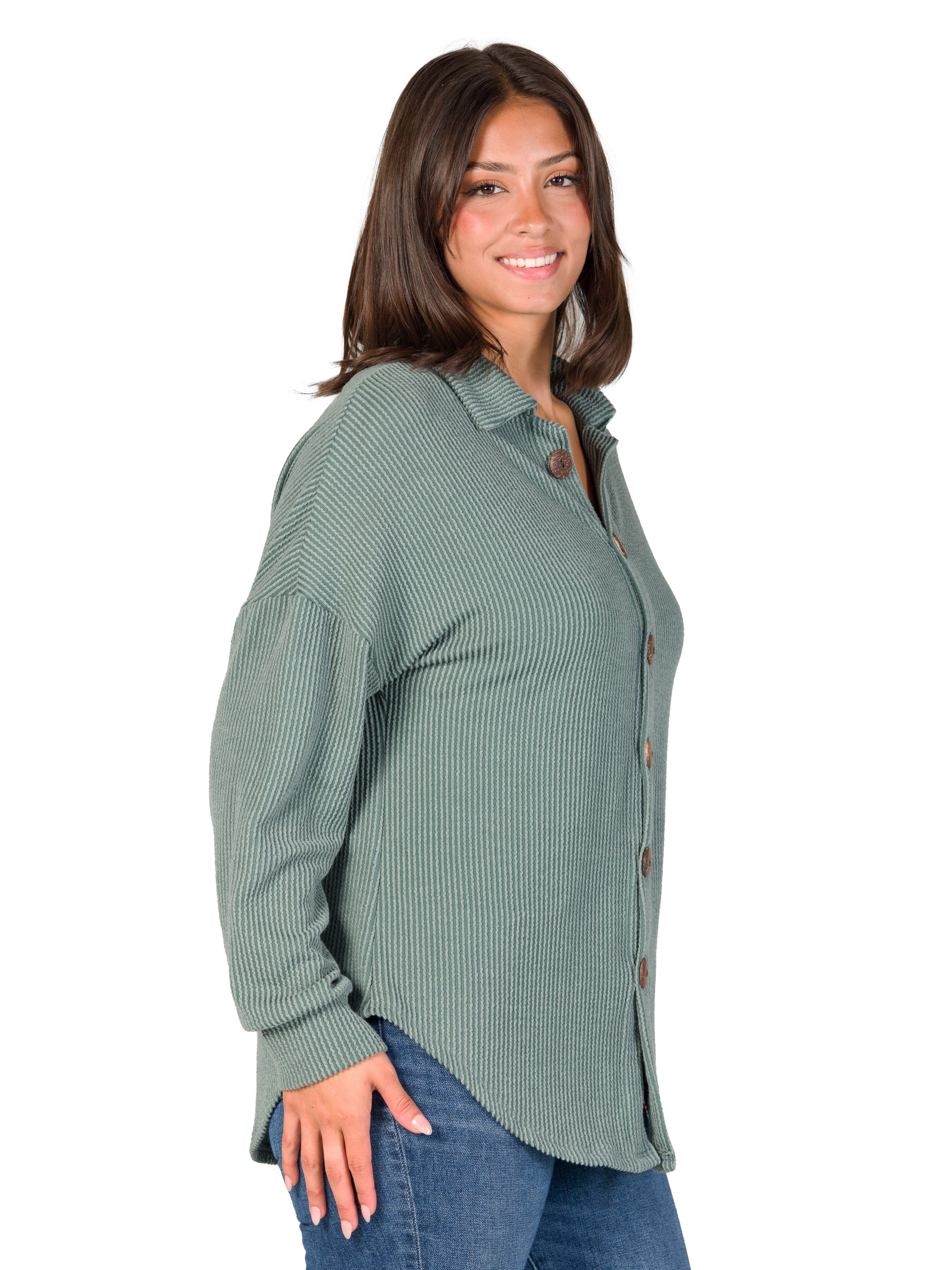 Ribbed Button Up Long Sleeve Collared Shirt Jacket - image 4