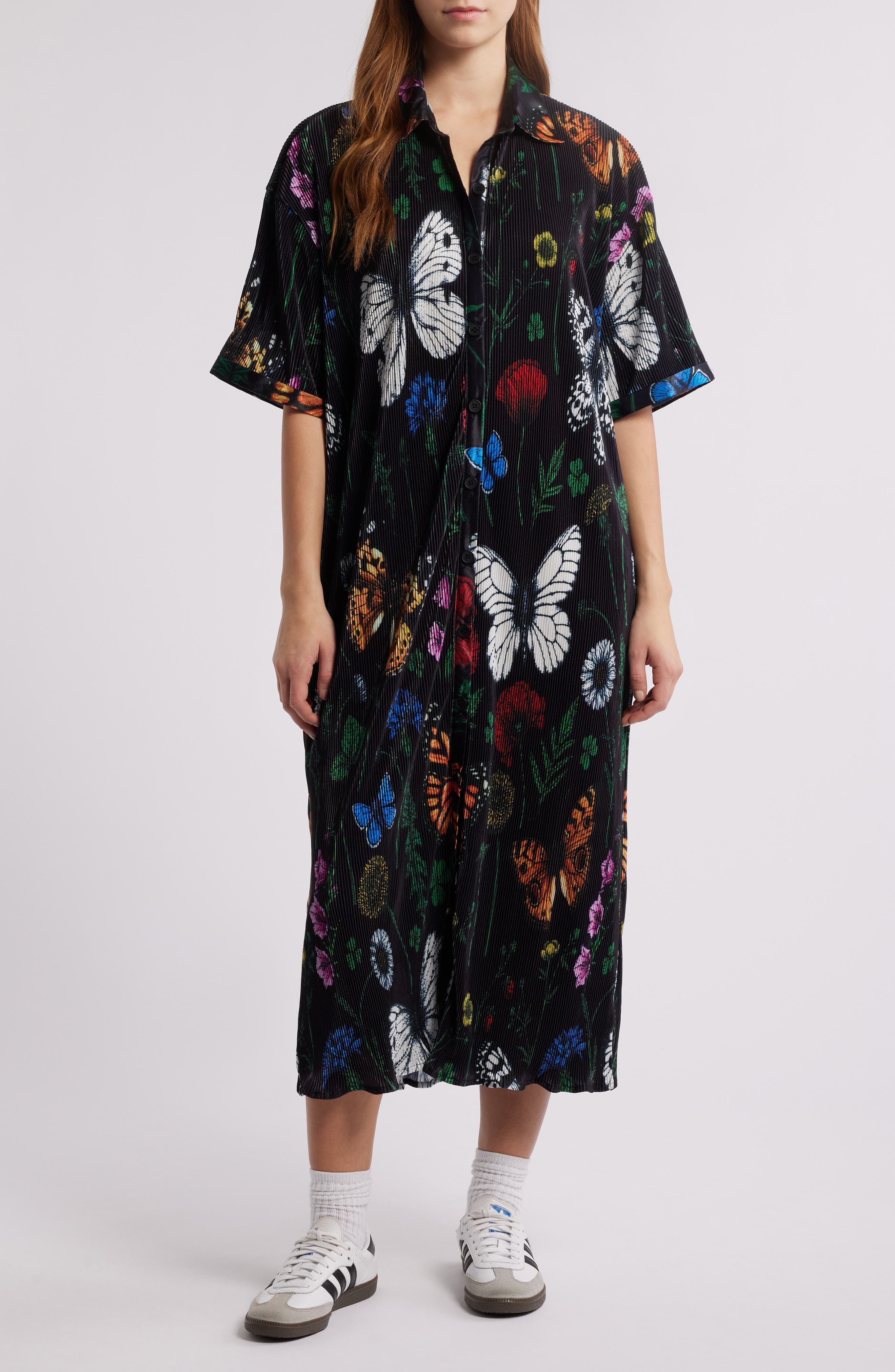 So Far So Good Print Plisse Satin Shirtdress - image 1