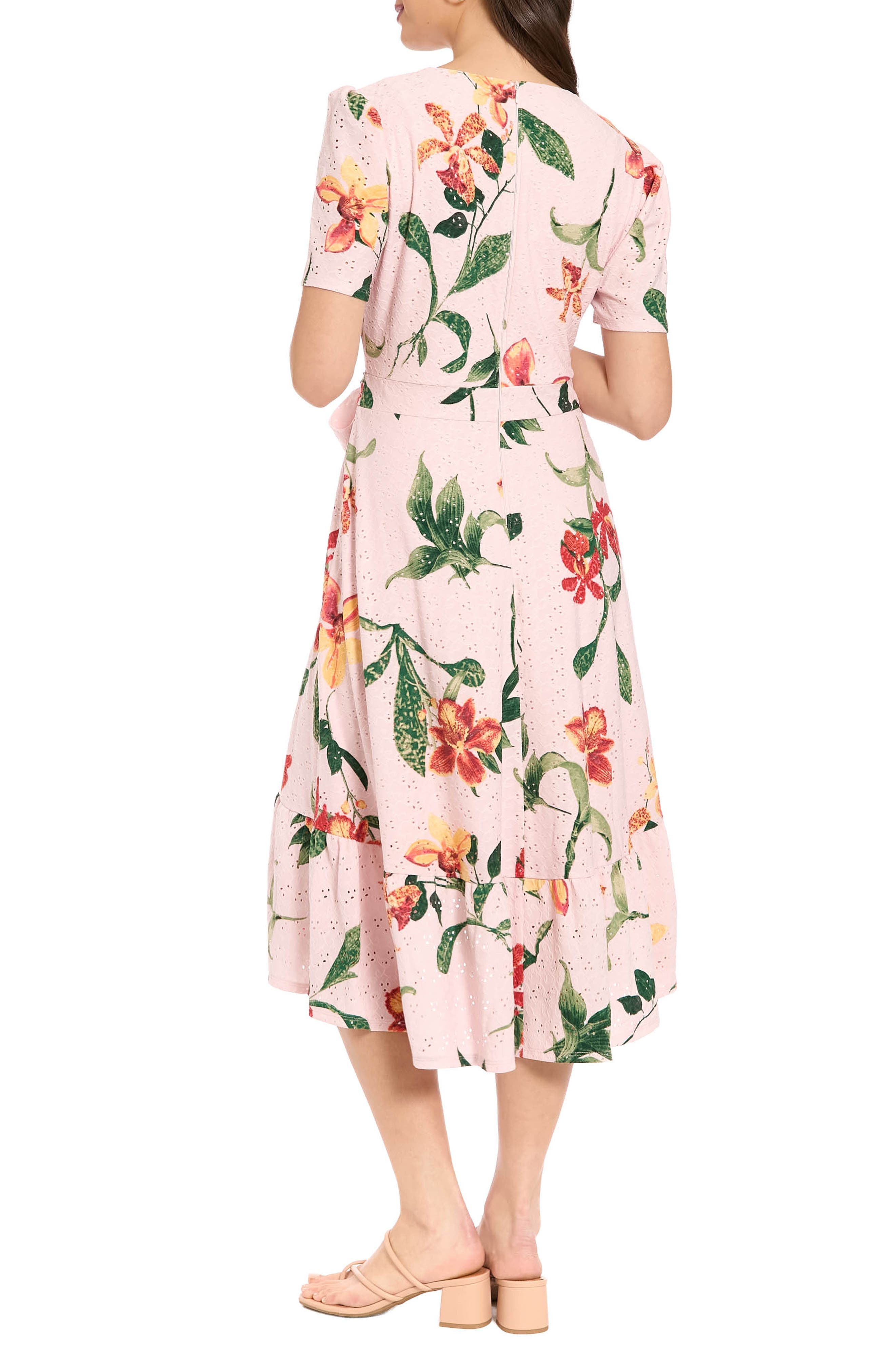 Floral Eyelet Short Sleeve Faux Wrap Dress - image 2