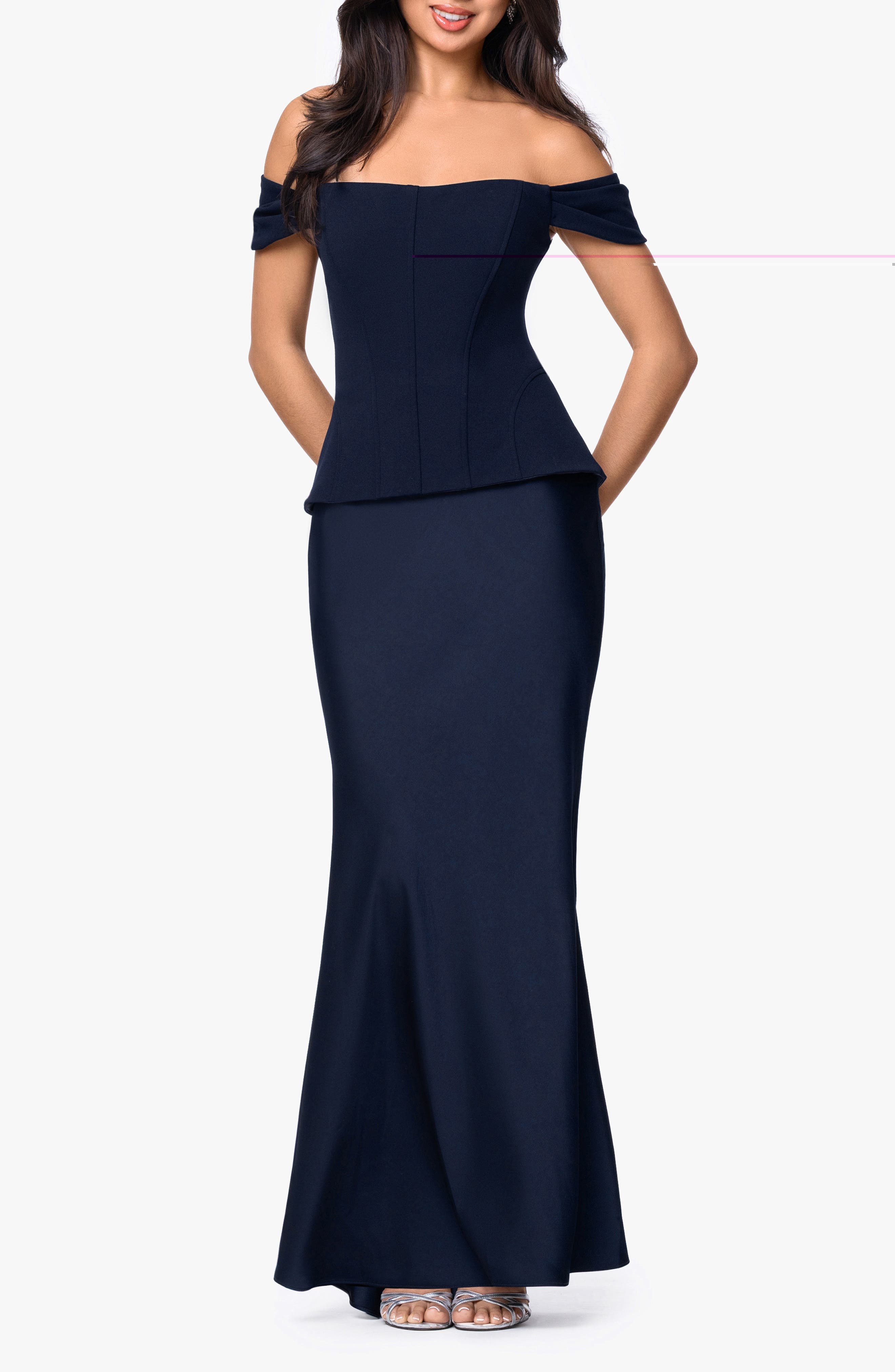 Off the Shoulder Mixed Media Gown - image 1