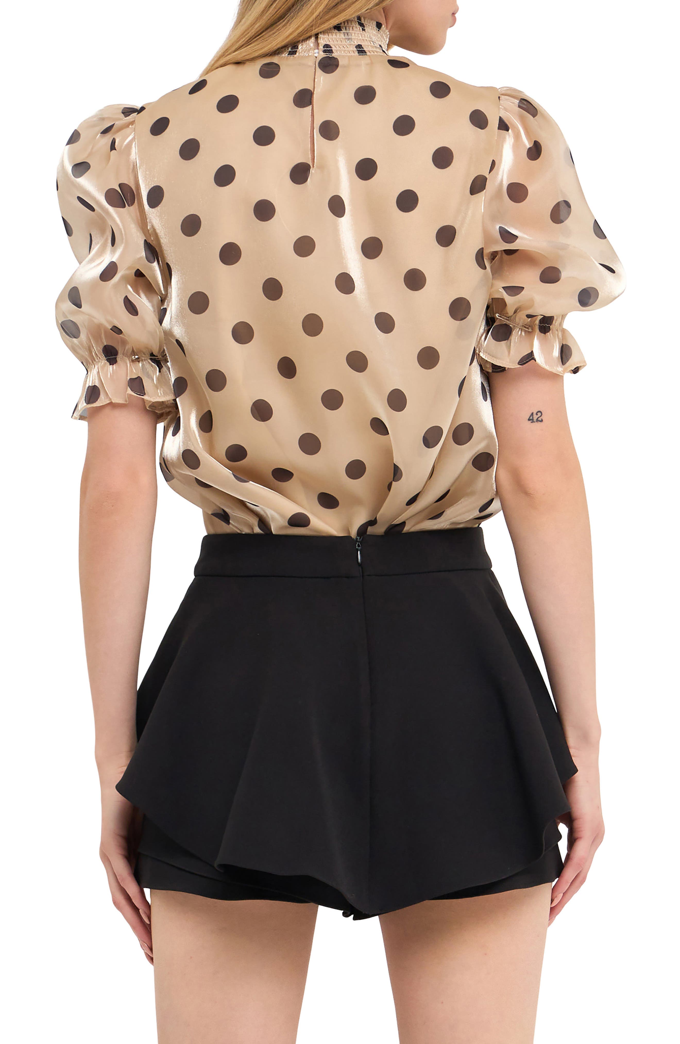 Polka Dot Puff Sleeve Satin Top - image 2