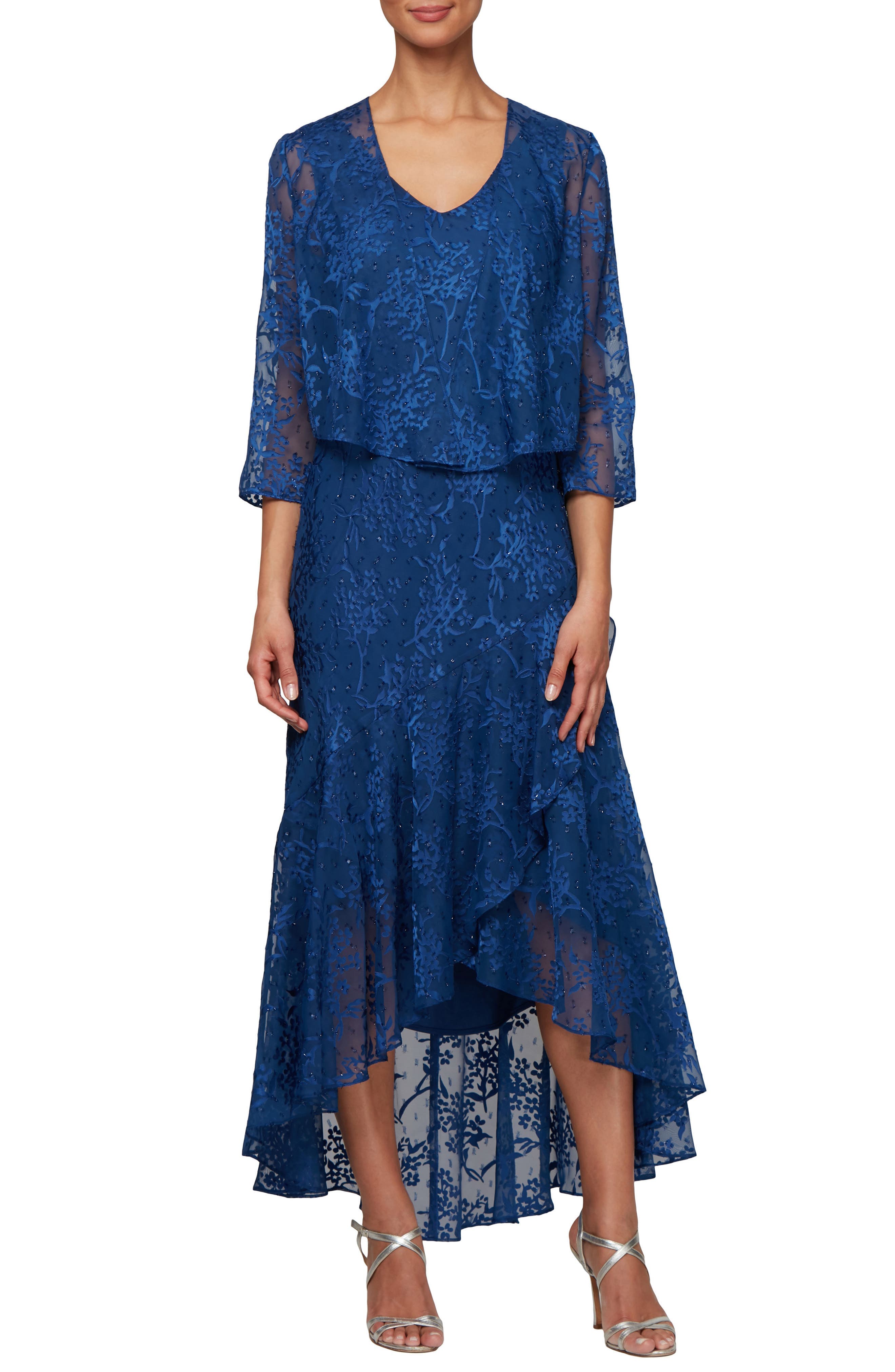 Textured Floral Burnout High/Low Dress with Jacket - image 1