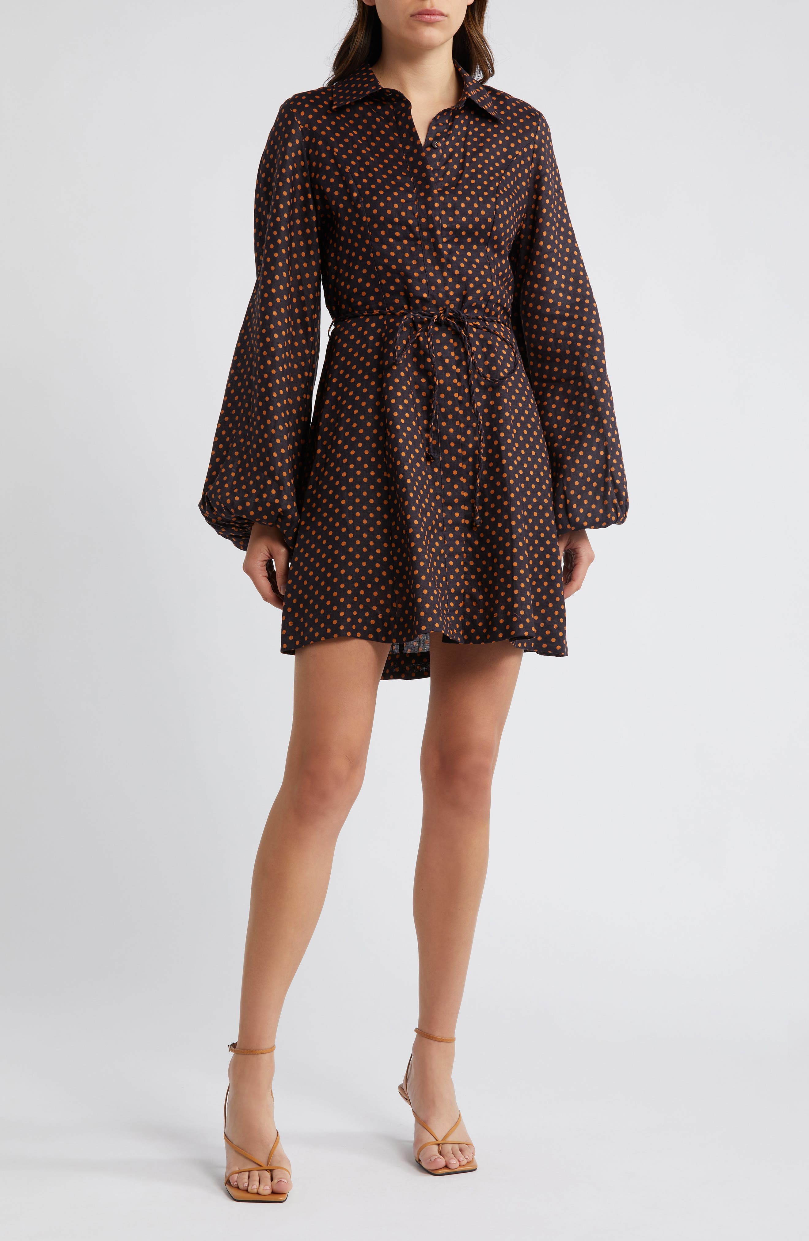 Rae Tie Belt Long Sleeve Linen Mini Shirtdress - image 1