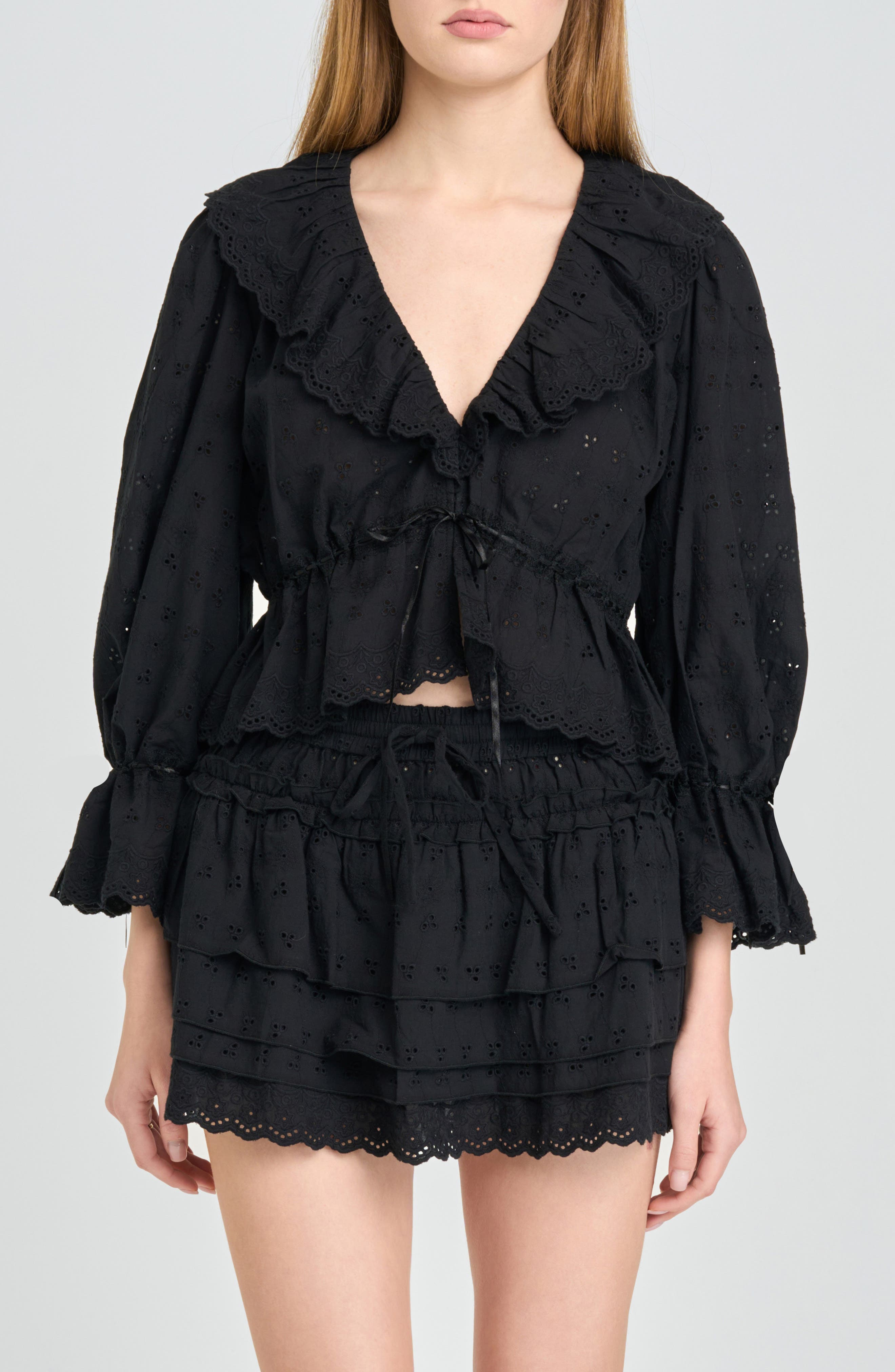 Sophia Eyelet Lace Trim Babydoll Crop Top - image 1