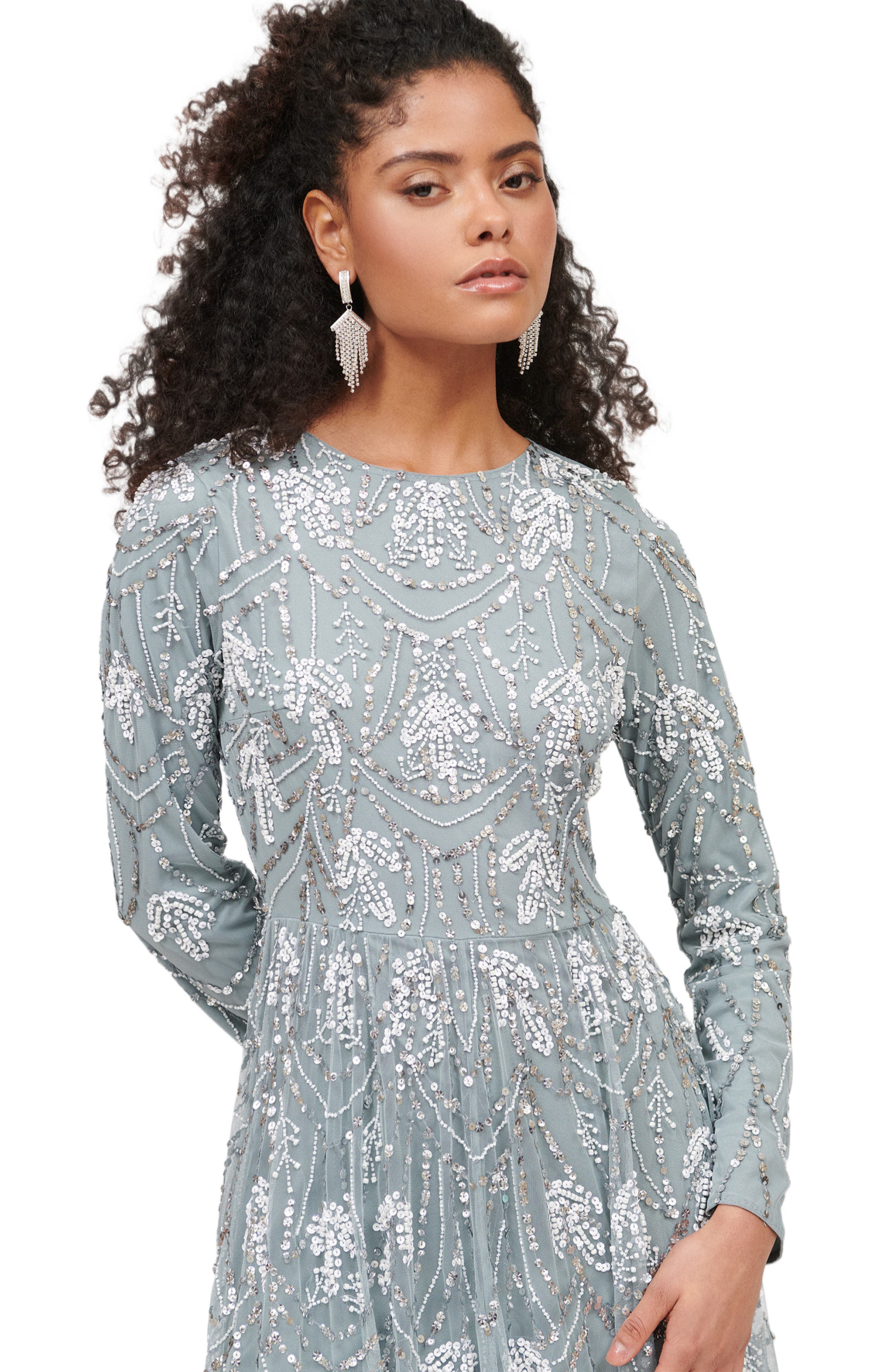 Occasion Modest Embellished Sequin Beaded Floral Evening Maxi Dress - image 2
