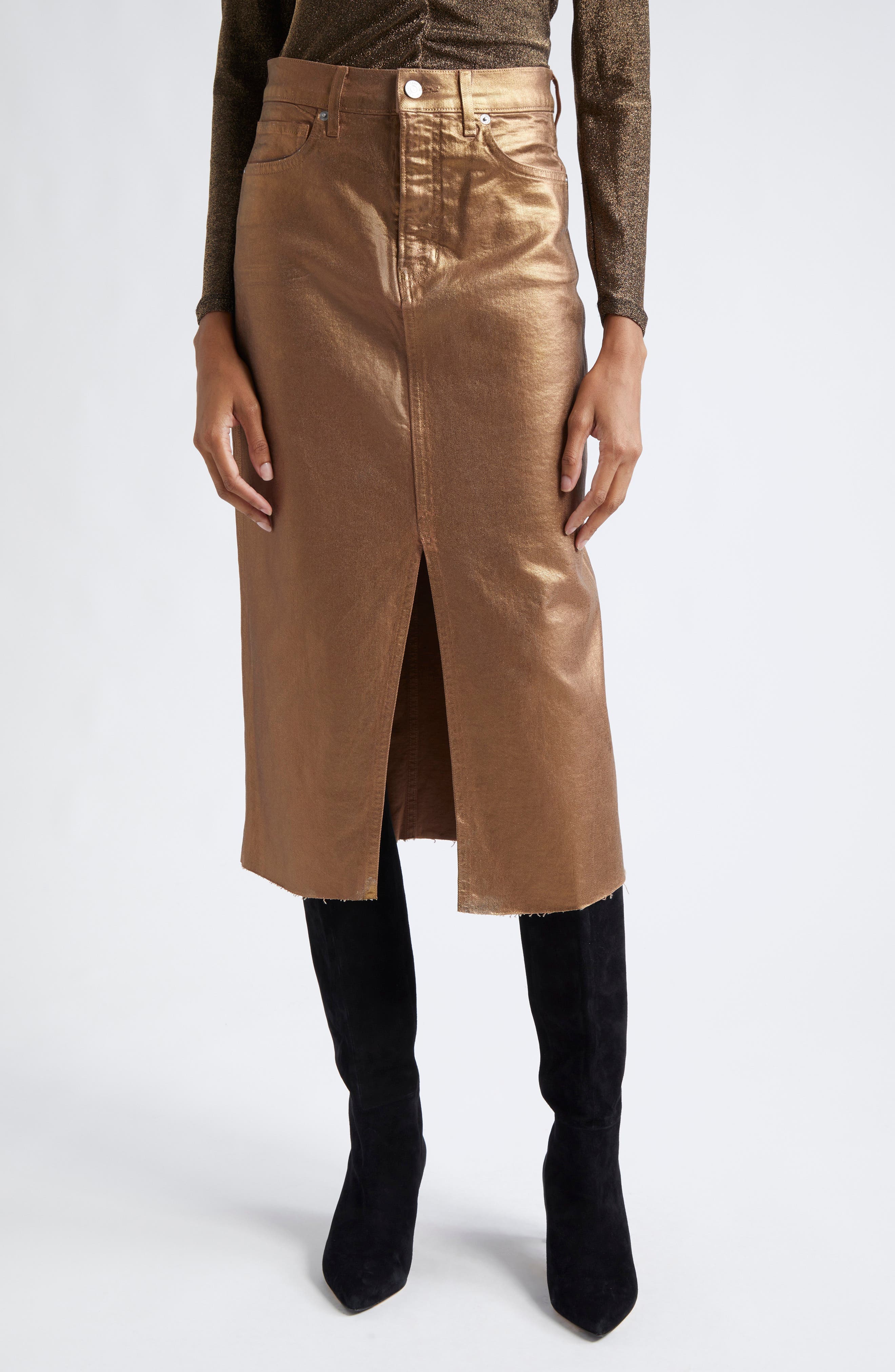 Victoria Front Slit Metallic Midi Skirt - image 1