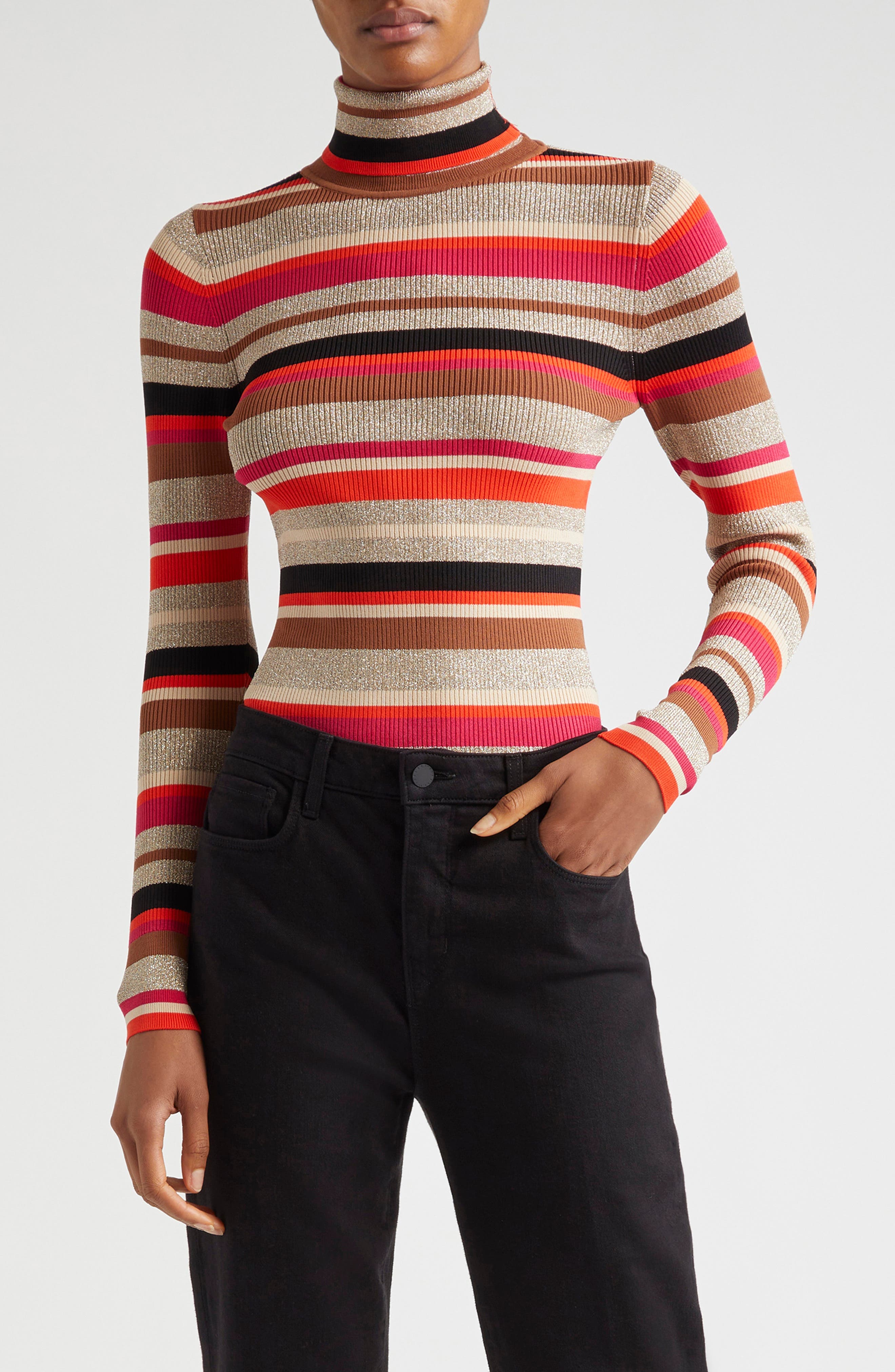 Olene Metallic Stripe Turtleneck Top - image 1