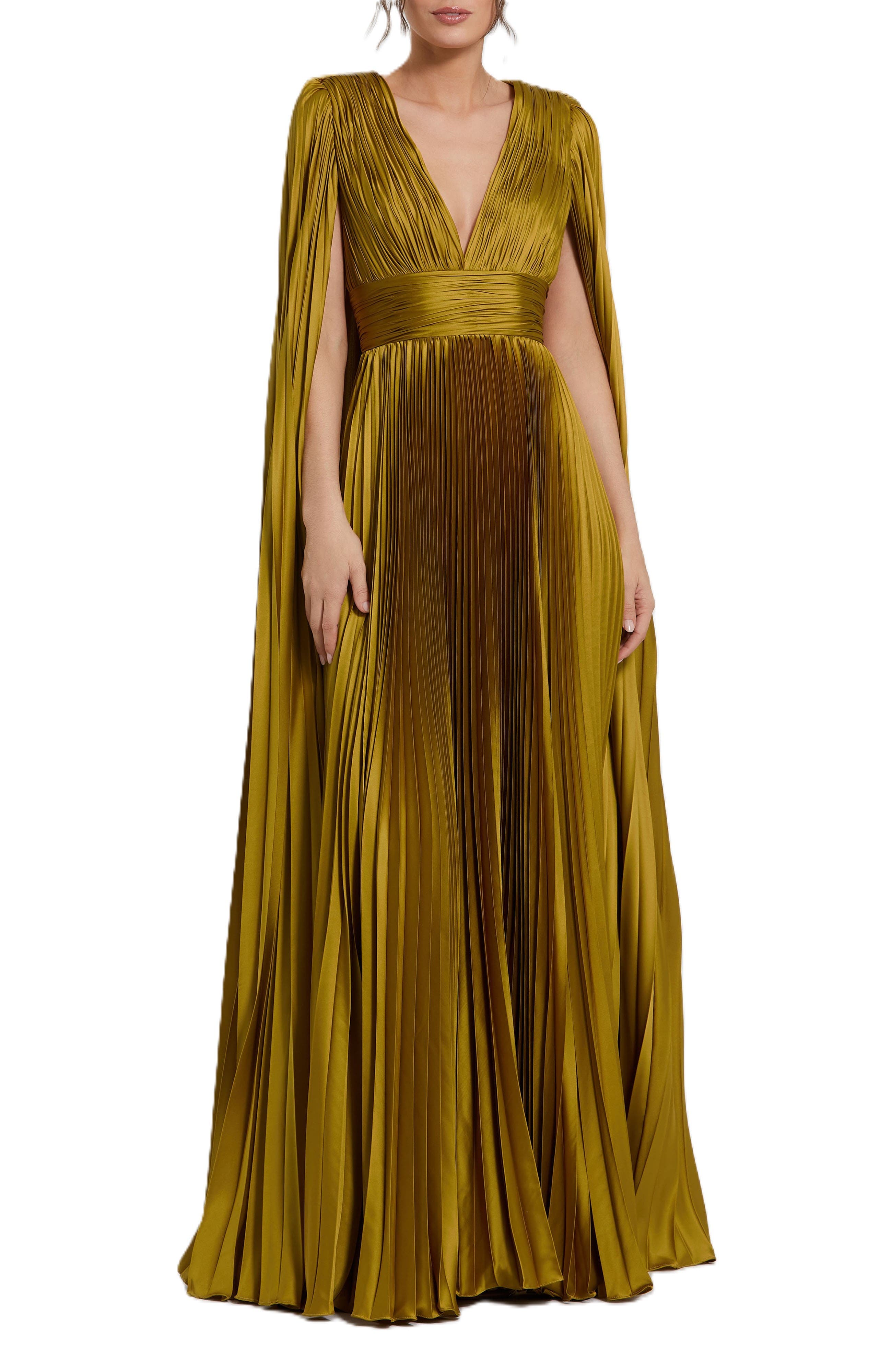 Pleated Charmeuse V Neck Gown With Cape