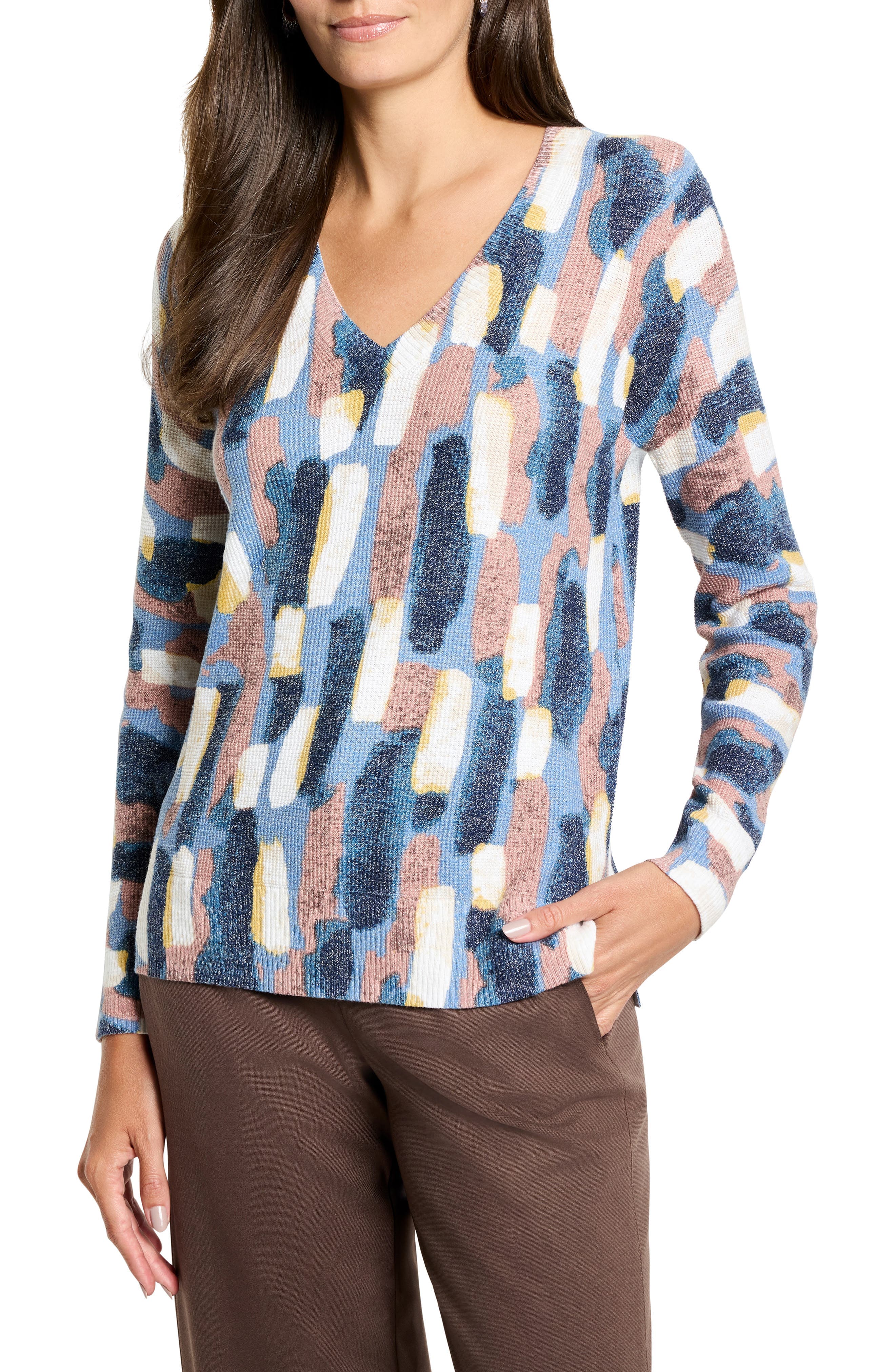 Brushstrokes Waffle Stitch V-Neck Sweater - image 1