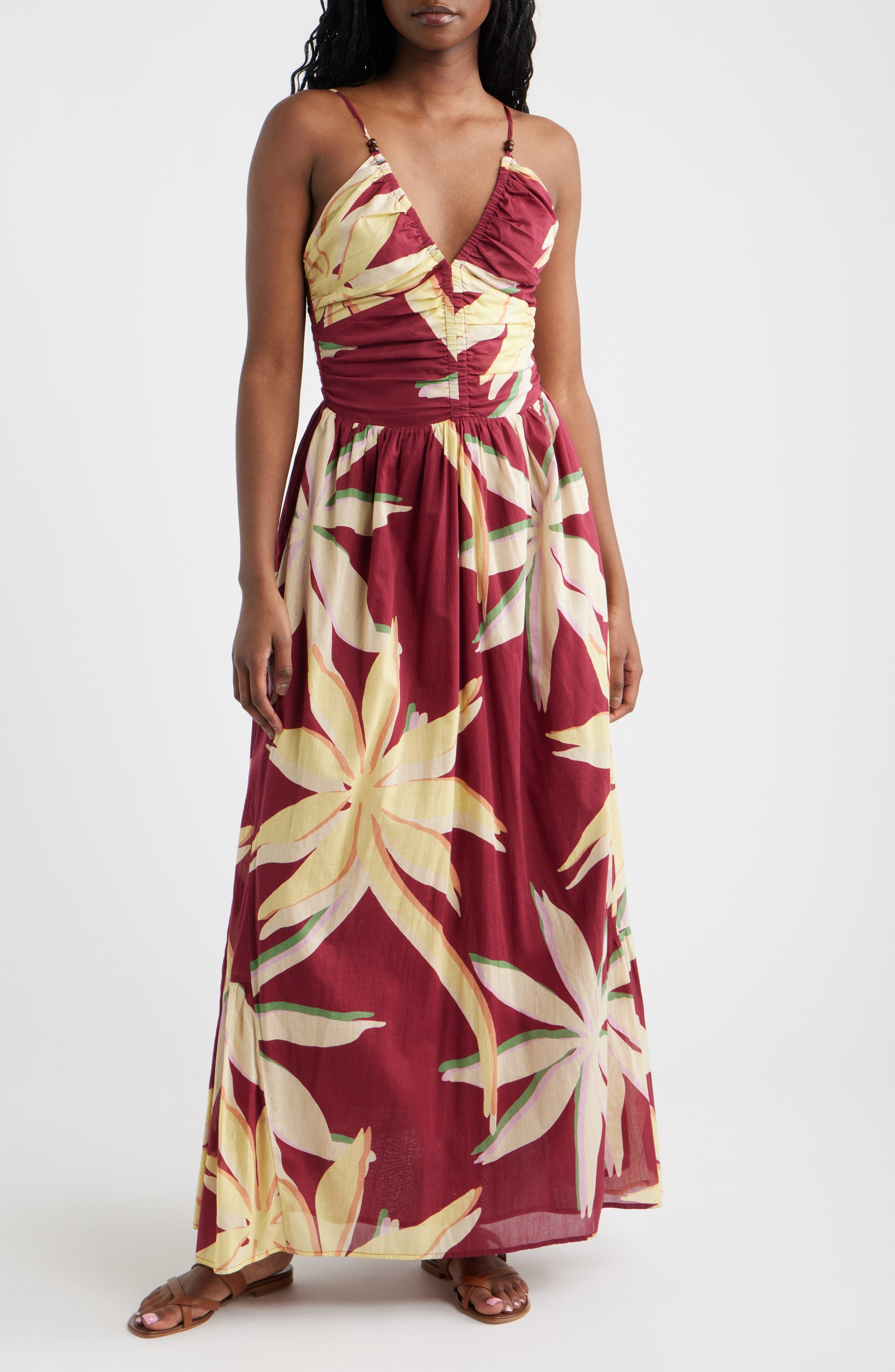 Palm Floral Print A-Line Maxi Sundress - image 1
