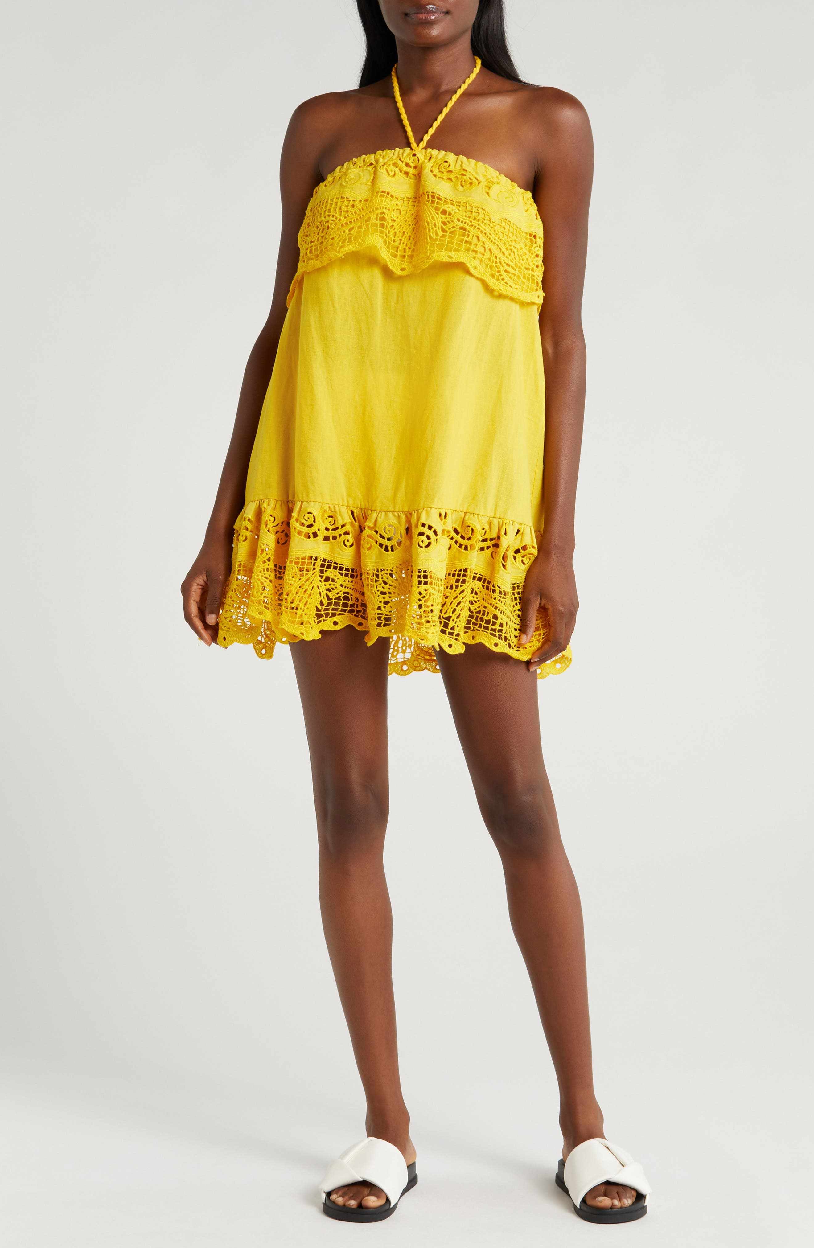Guipure Lace Halter Linen Blend Cover-Up Minidress - image 1