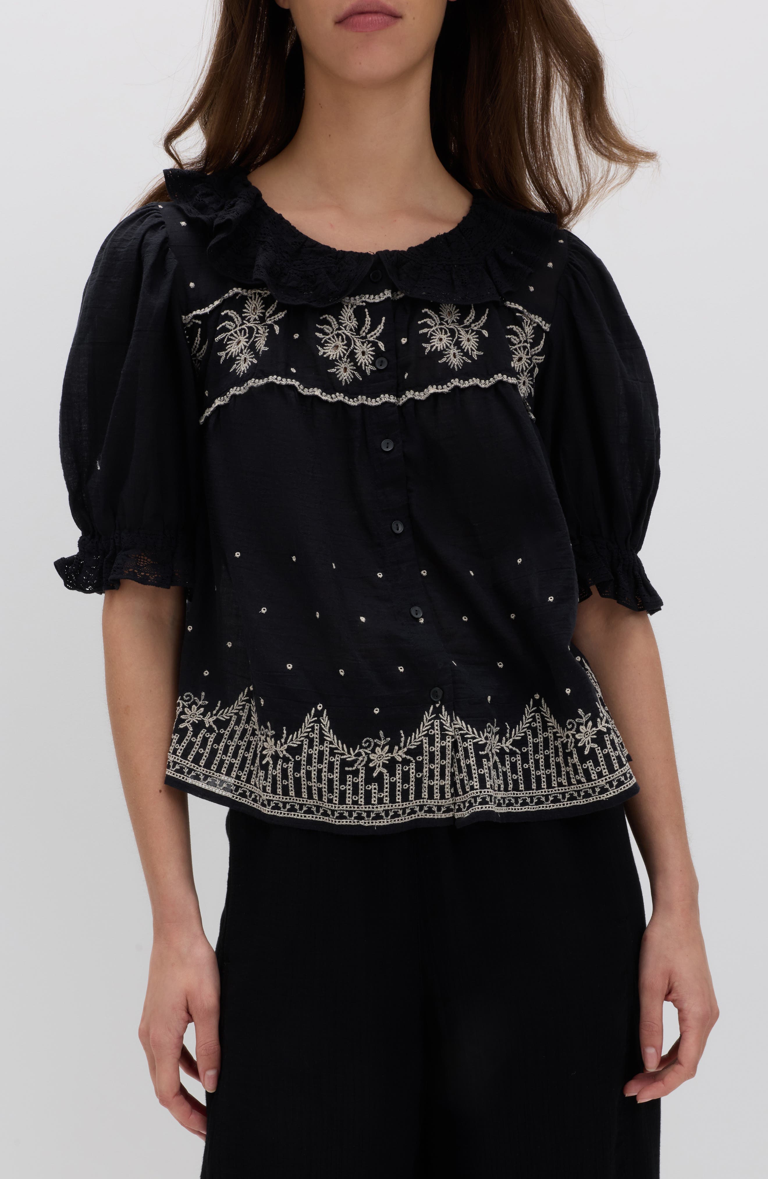 Embroidered Lace Collar Top - image 1