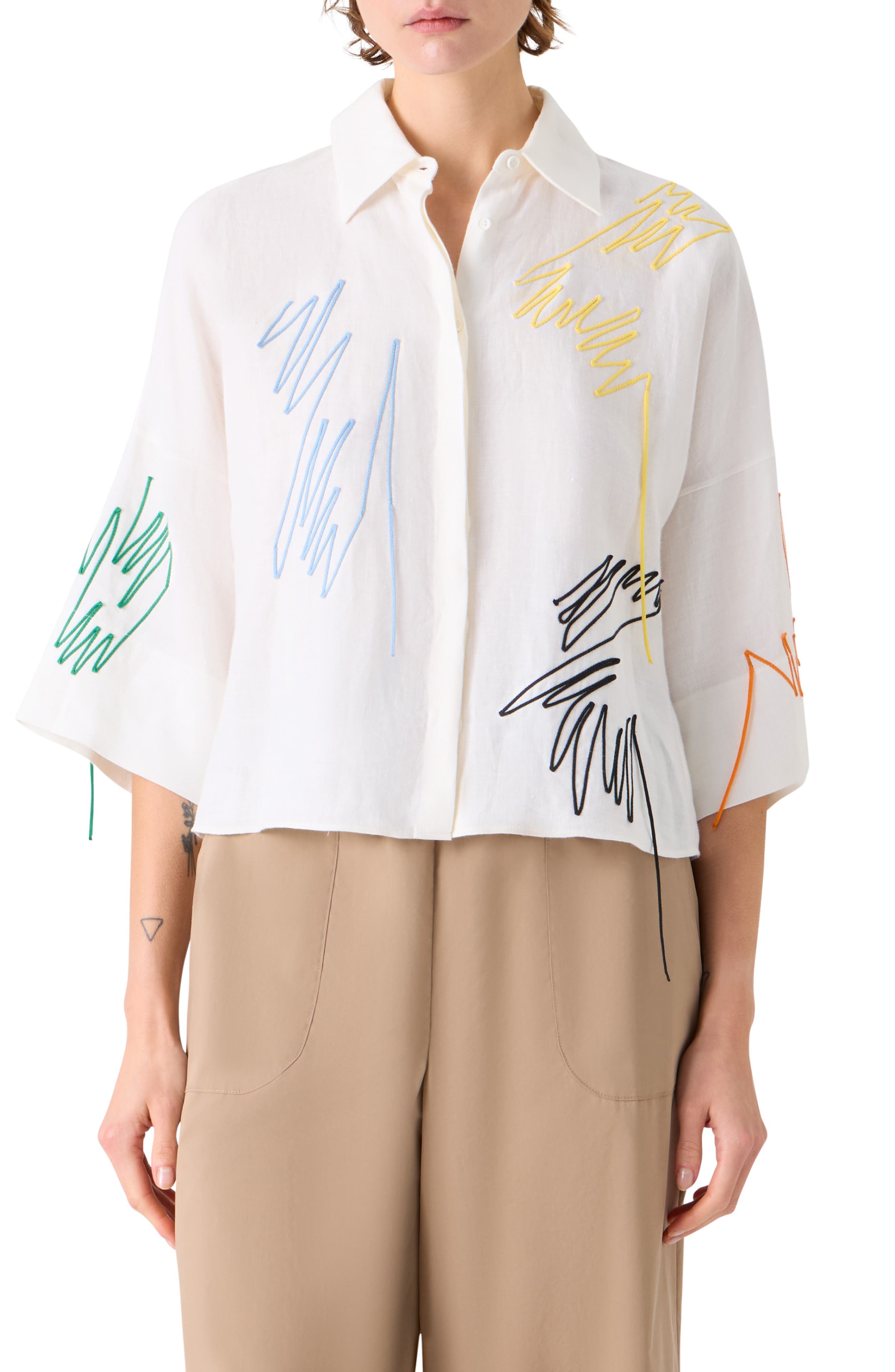 Scribble Embroidered Linen Button-Up Shirt - image 1
