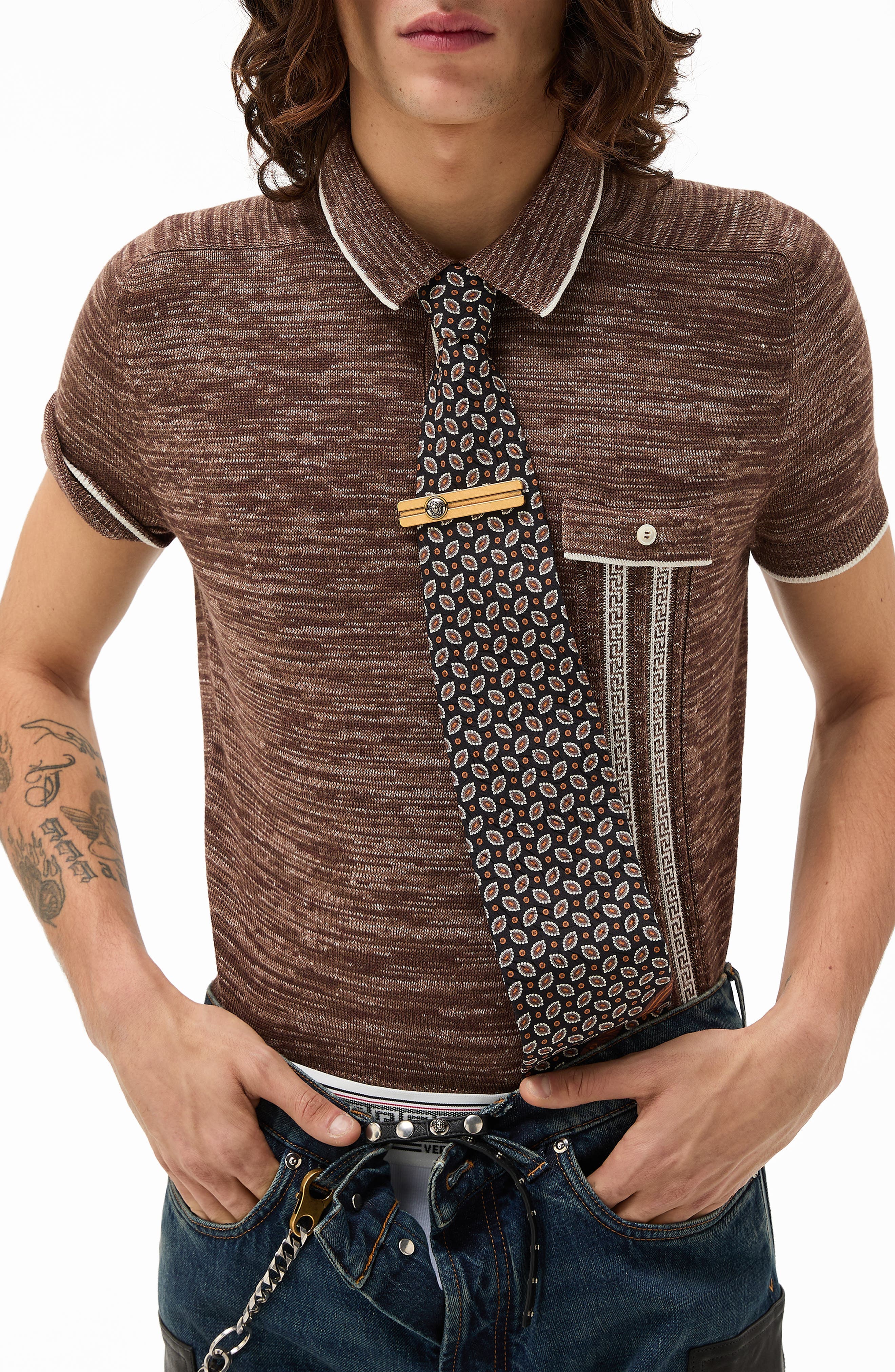 Greca Silk, Wool & Linen Blend Mouline Polo Sweater - image 1