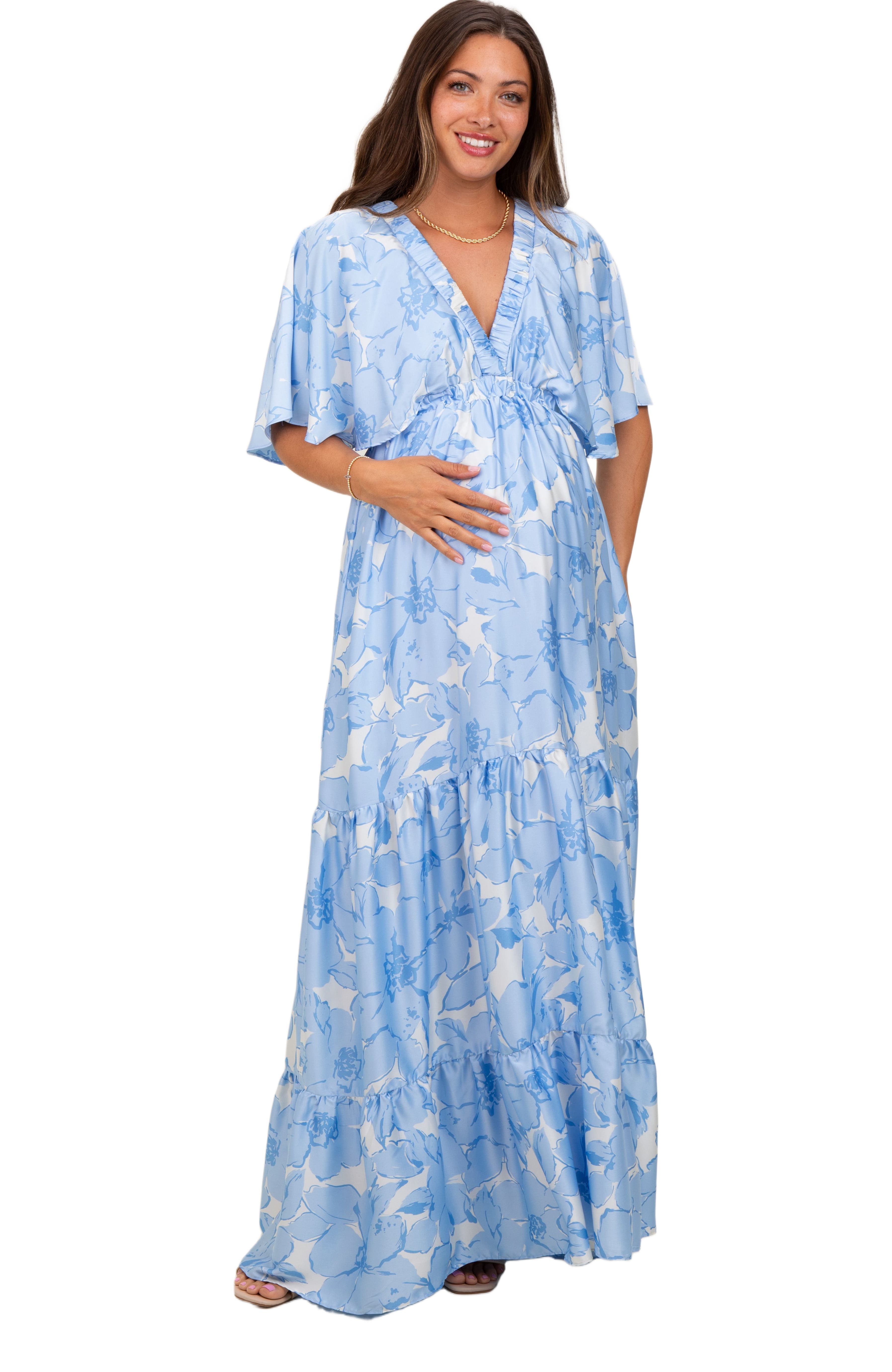 Floral Short Sleep Deep V-Neck Tiered Maxi Dress - image 1