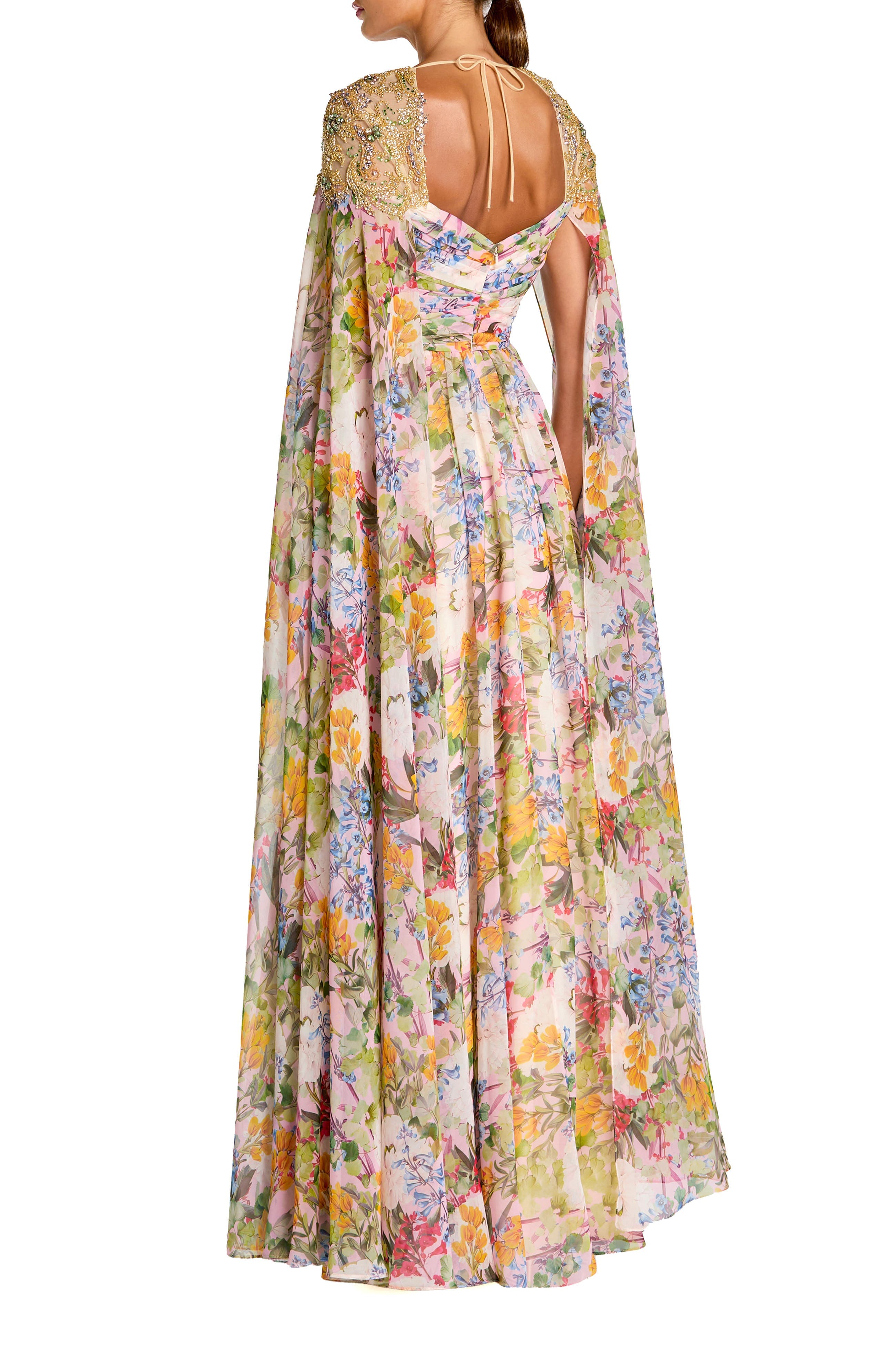 Printed Chiffon Gown With Beaded Cape Sleeves - image 2