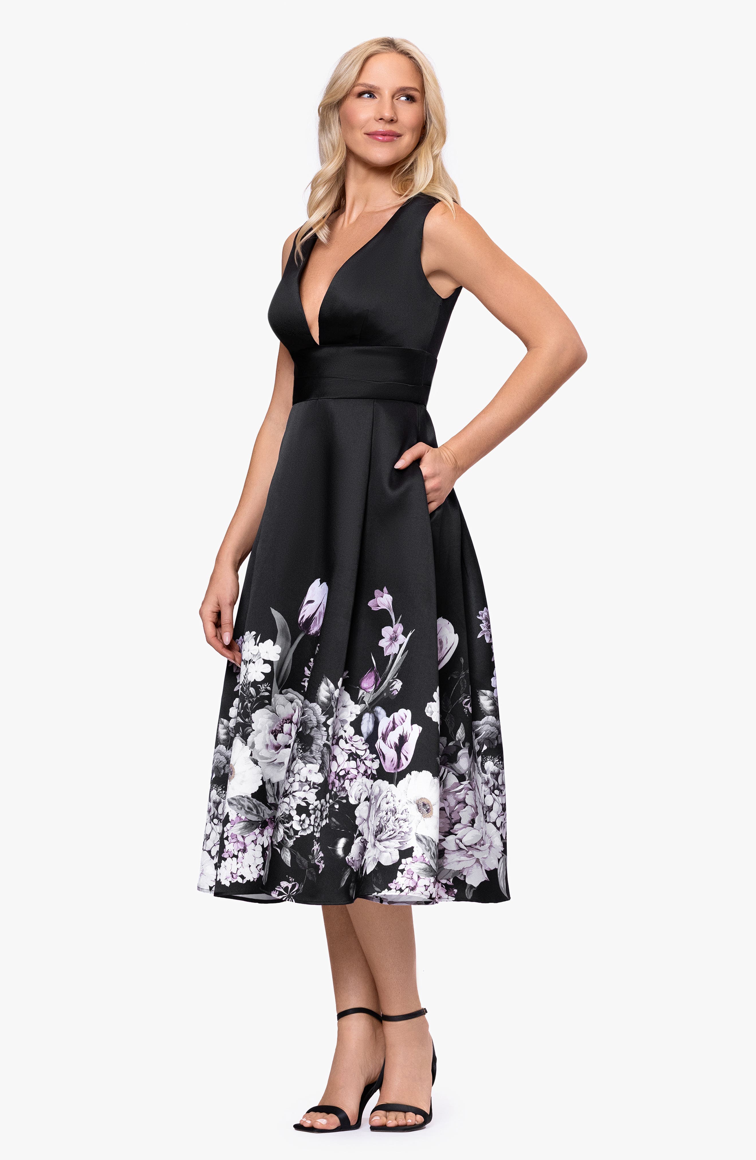 Floral Border Plunge Neck Cocktail Midi Dress - image 2