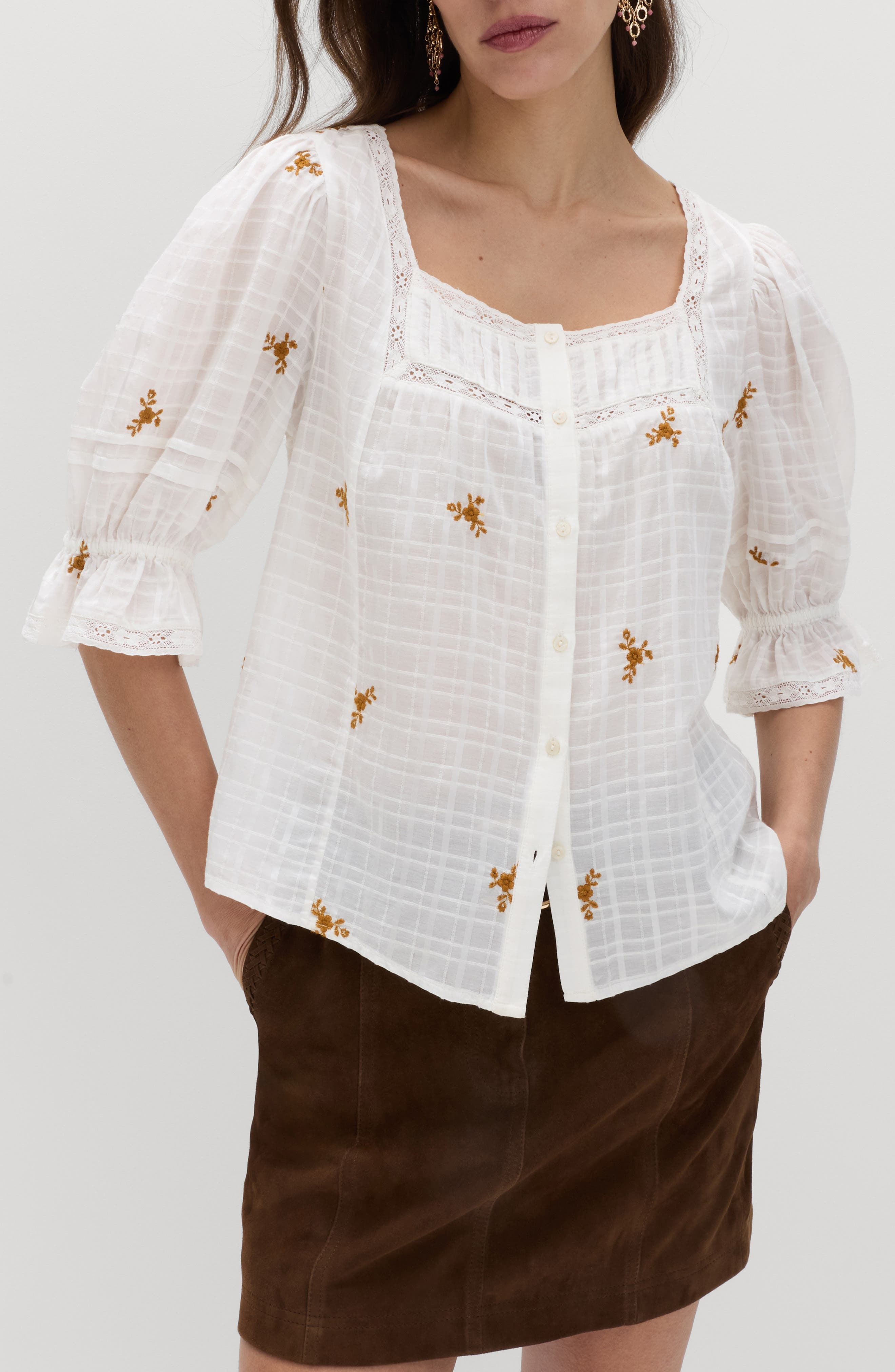 Floral Embroidered Lace Trim Button-Up Top - image 1