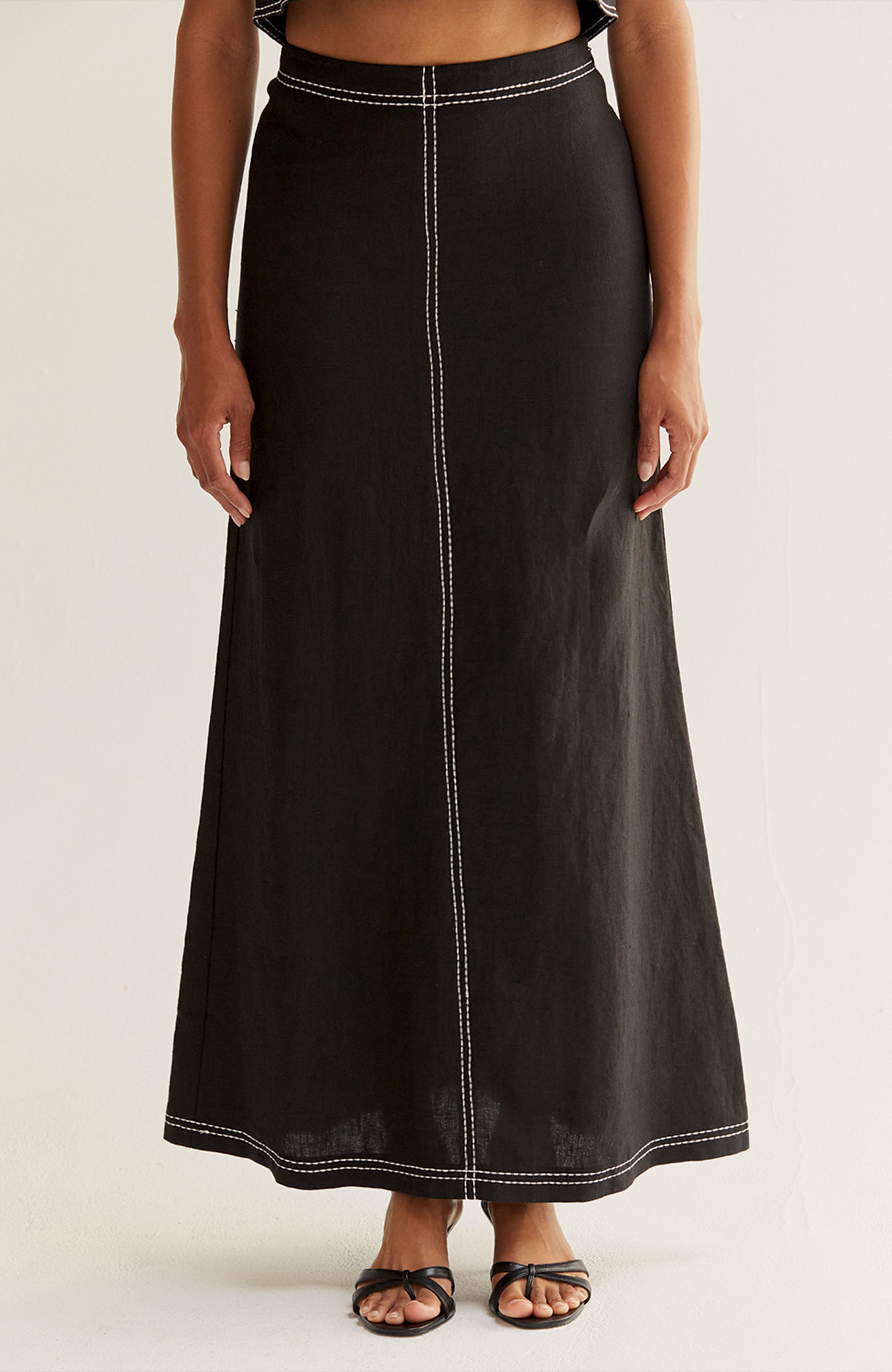 Embroidered Contrast Stitch Linen Maxi Skirt - image 1