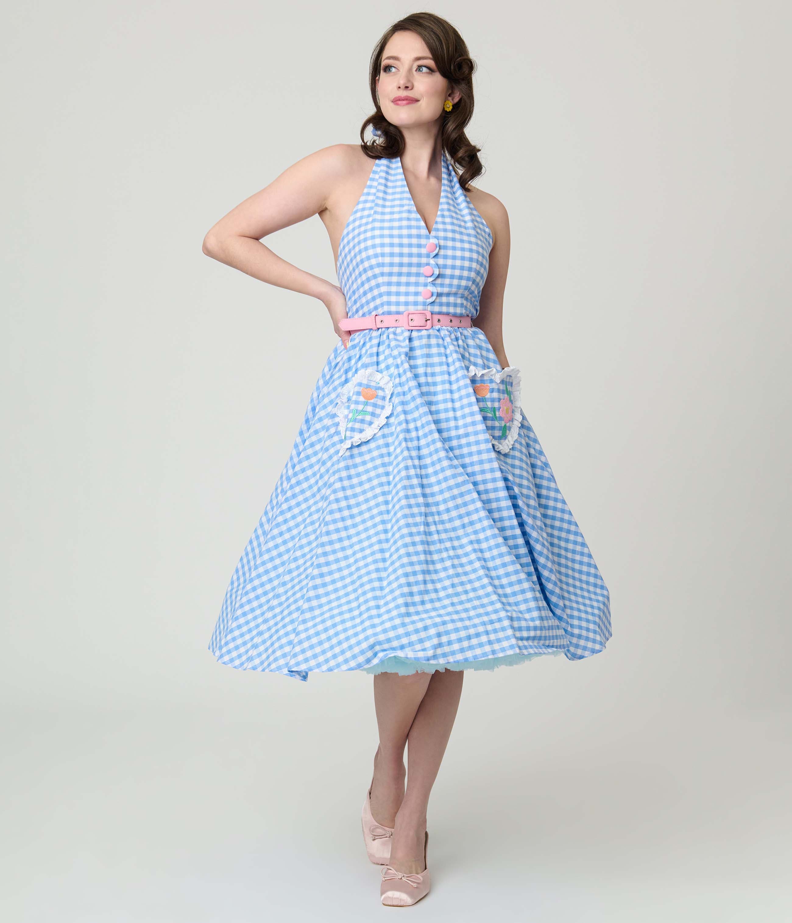 Belted Scallop Front Halter Swing Dress - image 1