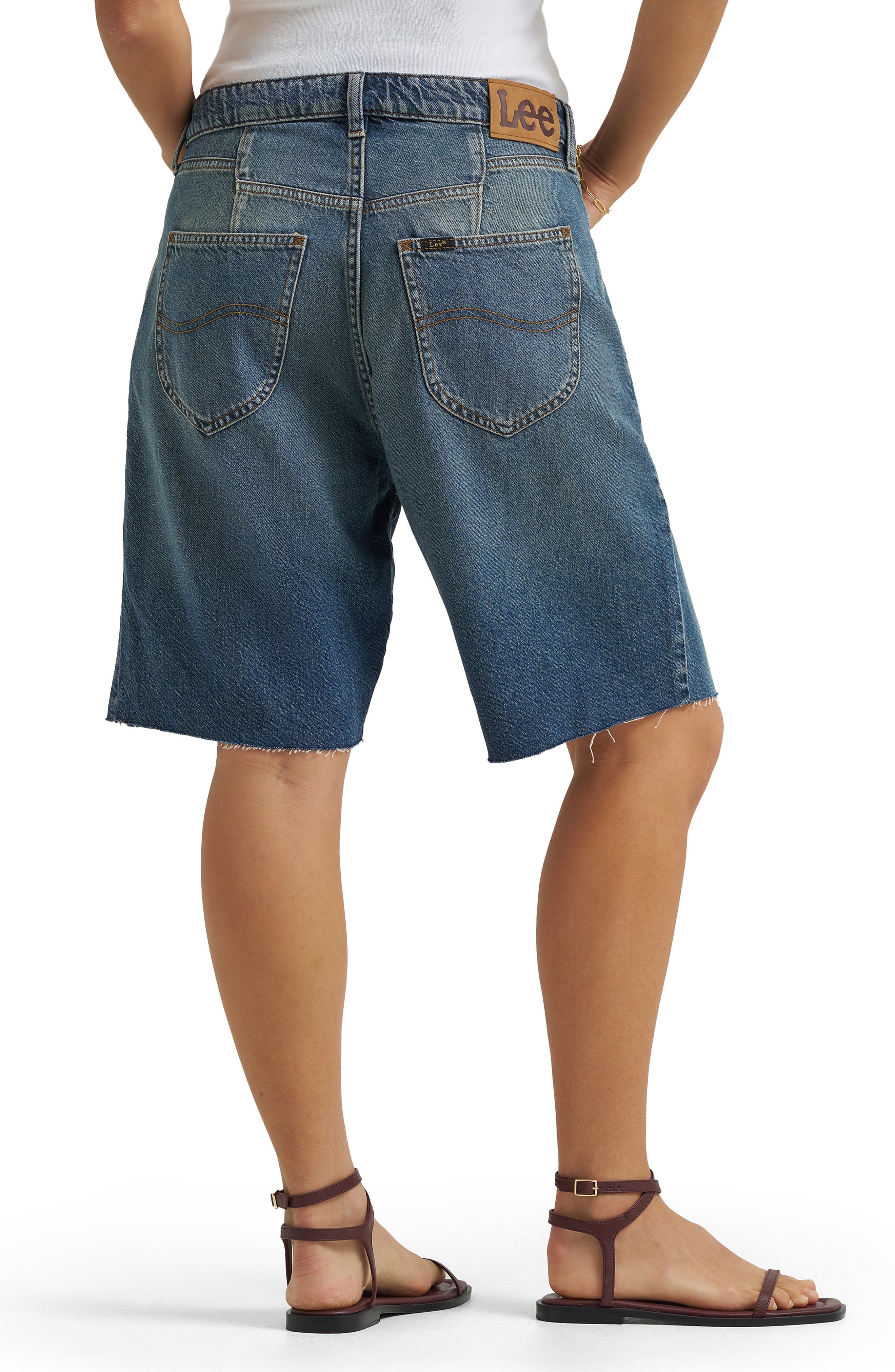 Darted Slouch Distressed Raw Hem Denim Bermuda Shorts - image 2