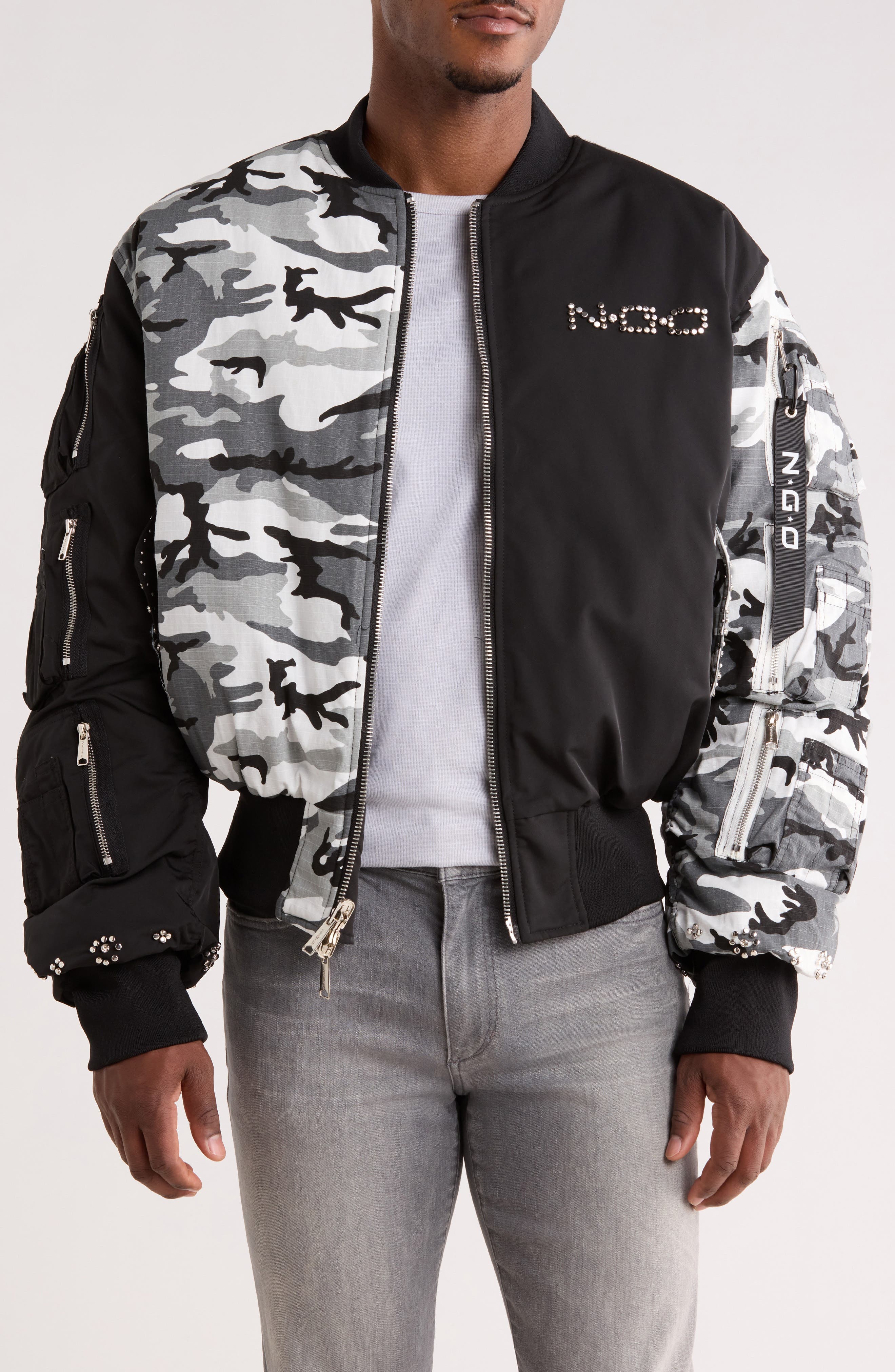 Mixed Media Studded Bomber Jacket - image 1
