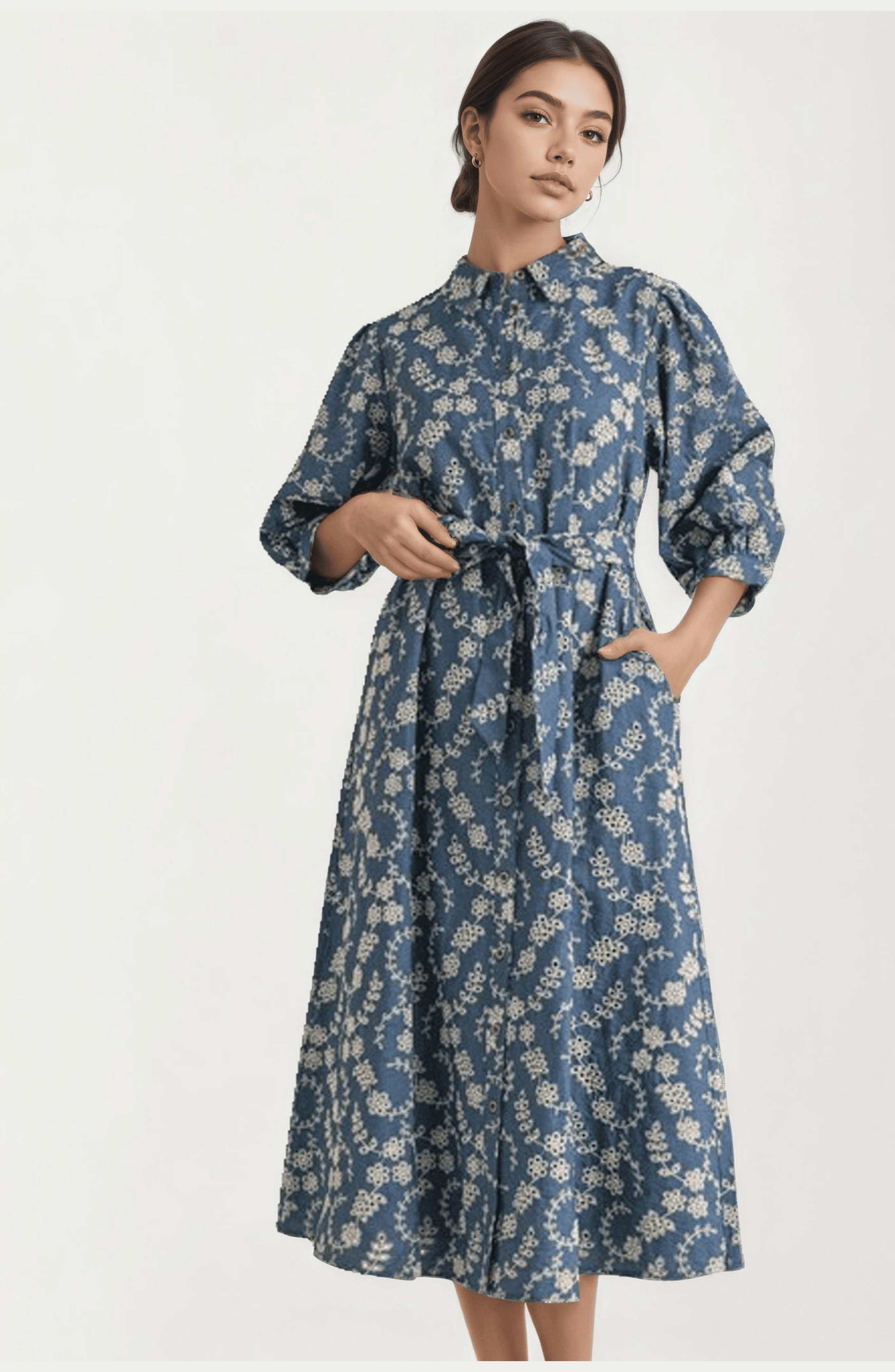 Collared Button-Front Tie-Waist Pocketed Midi Dress - image 1