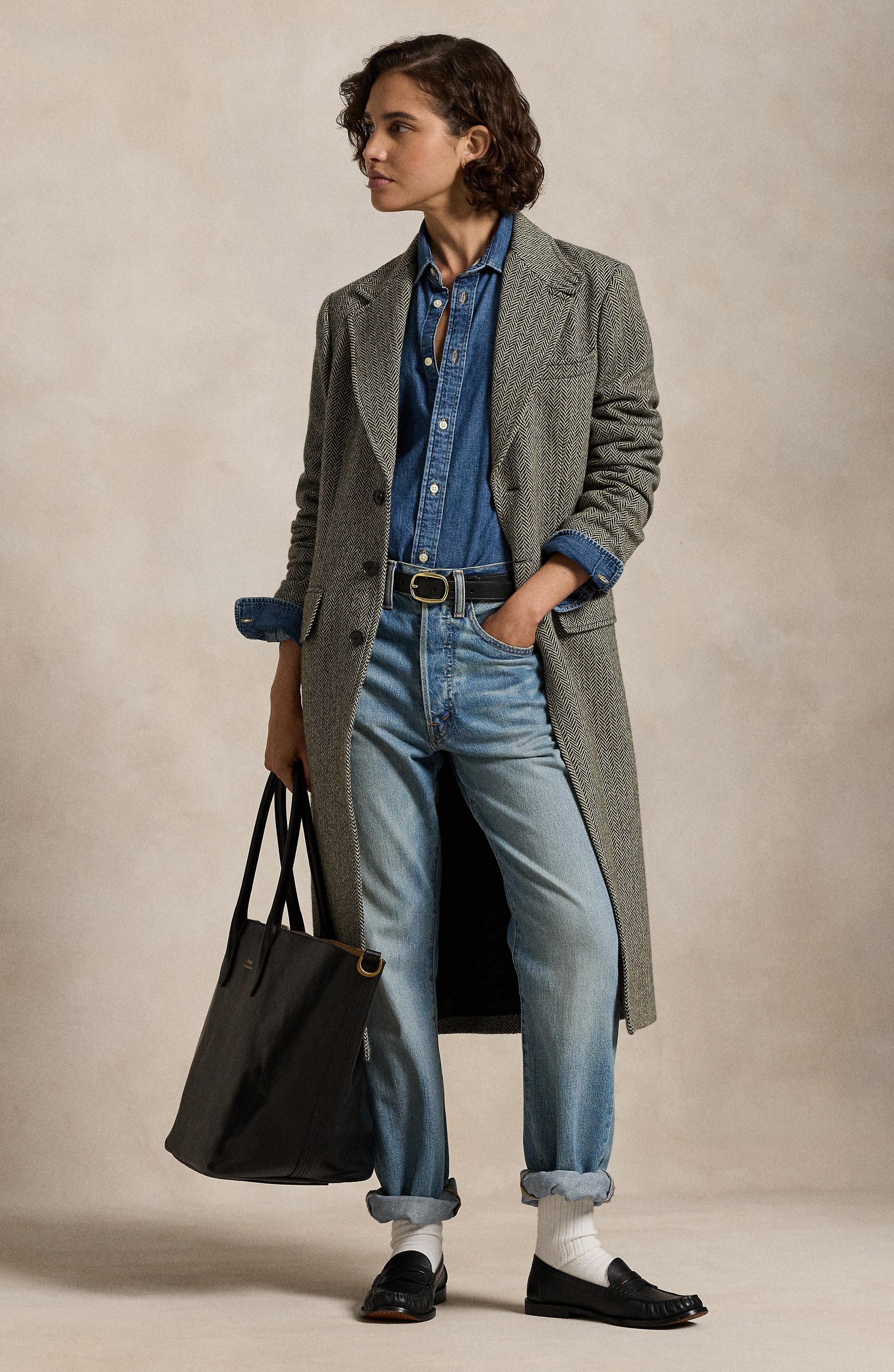 Herringbone Single Breasted Suede Trim Wool Blend Coat - image 2