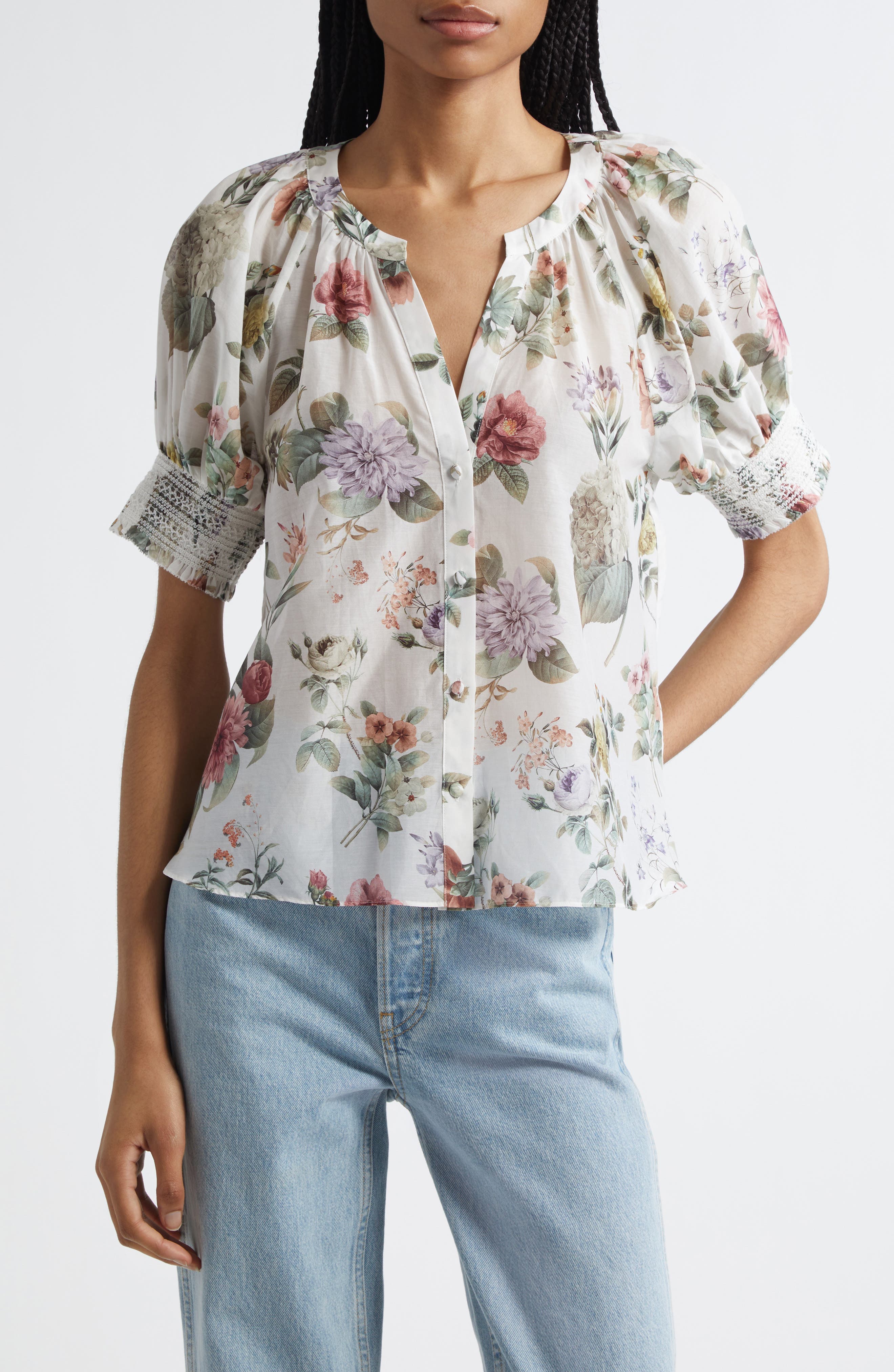 Thalia Floral Cotton & Silk Button-Up Top - image 1