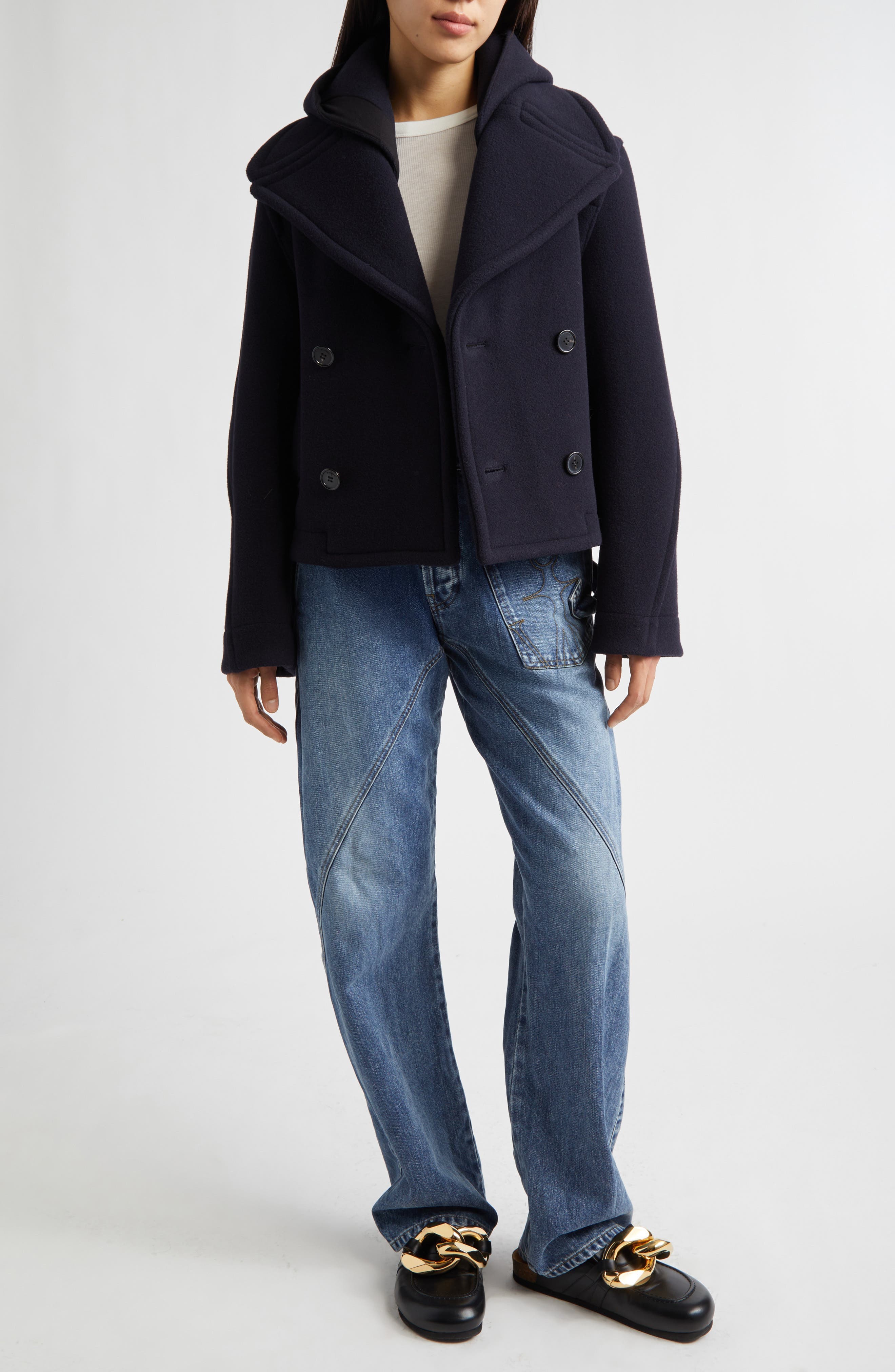 Crop Double Face Wool Peacoat with Removable Hood - image 2