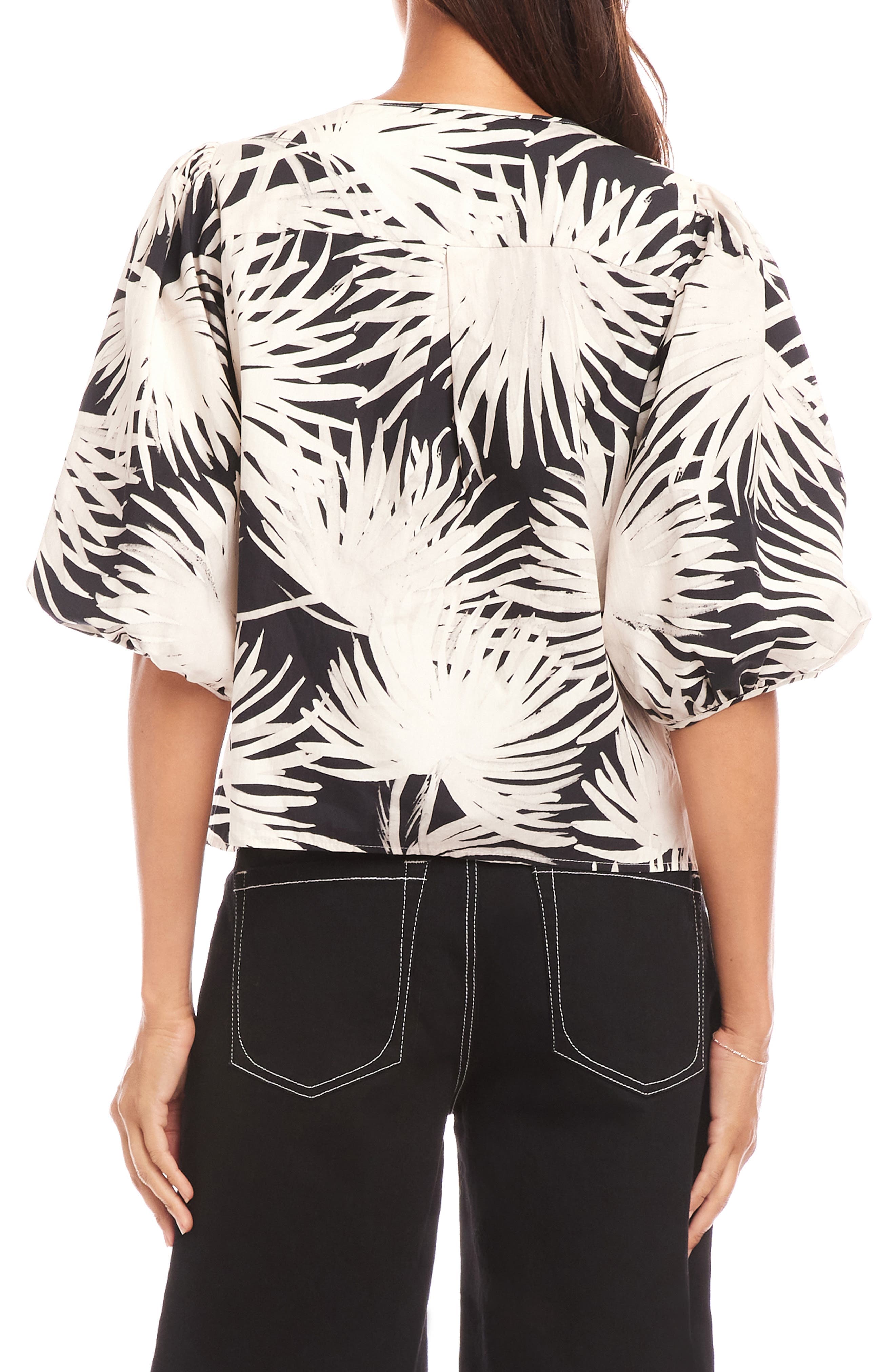 Palm Print Puff Sleeve Cotton Button-Up Top - image 2