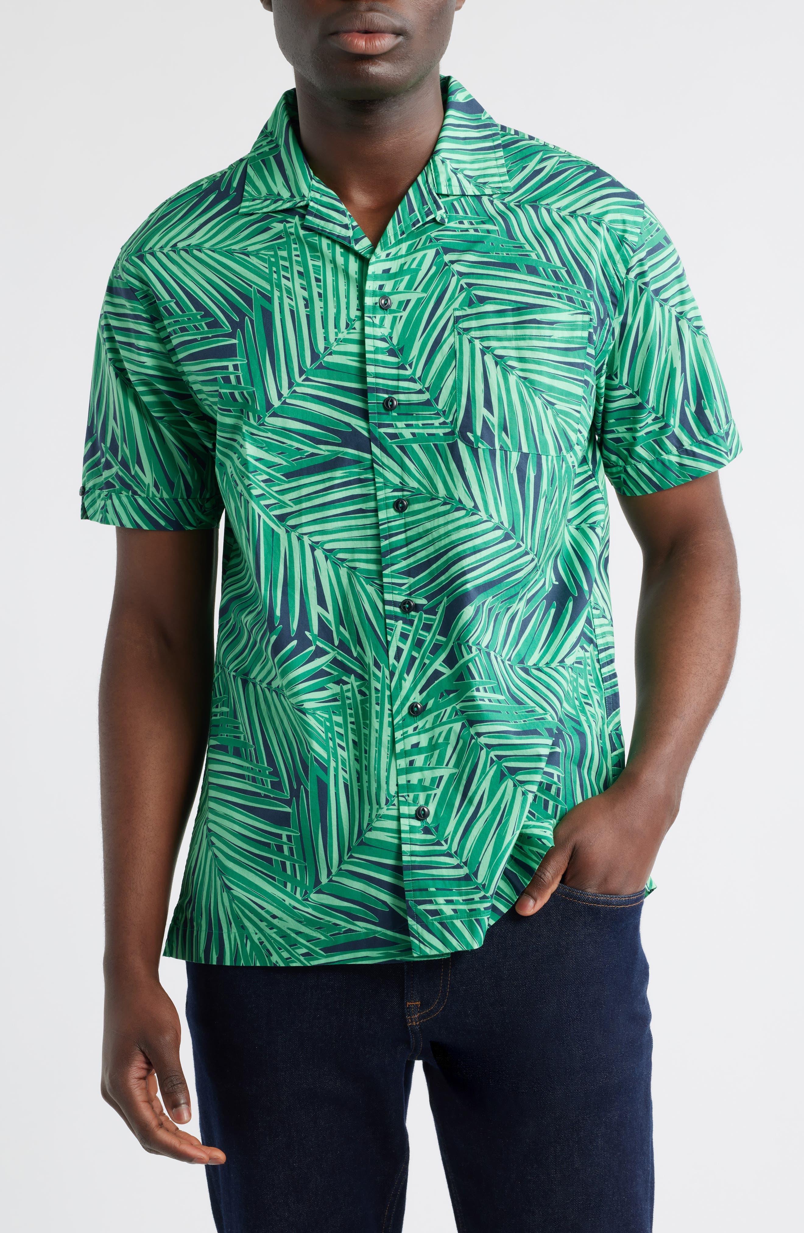 Regular Fit Palm Leaf Print Cotton Poplin Camp Shirt - image 1