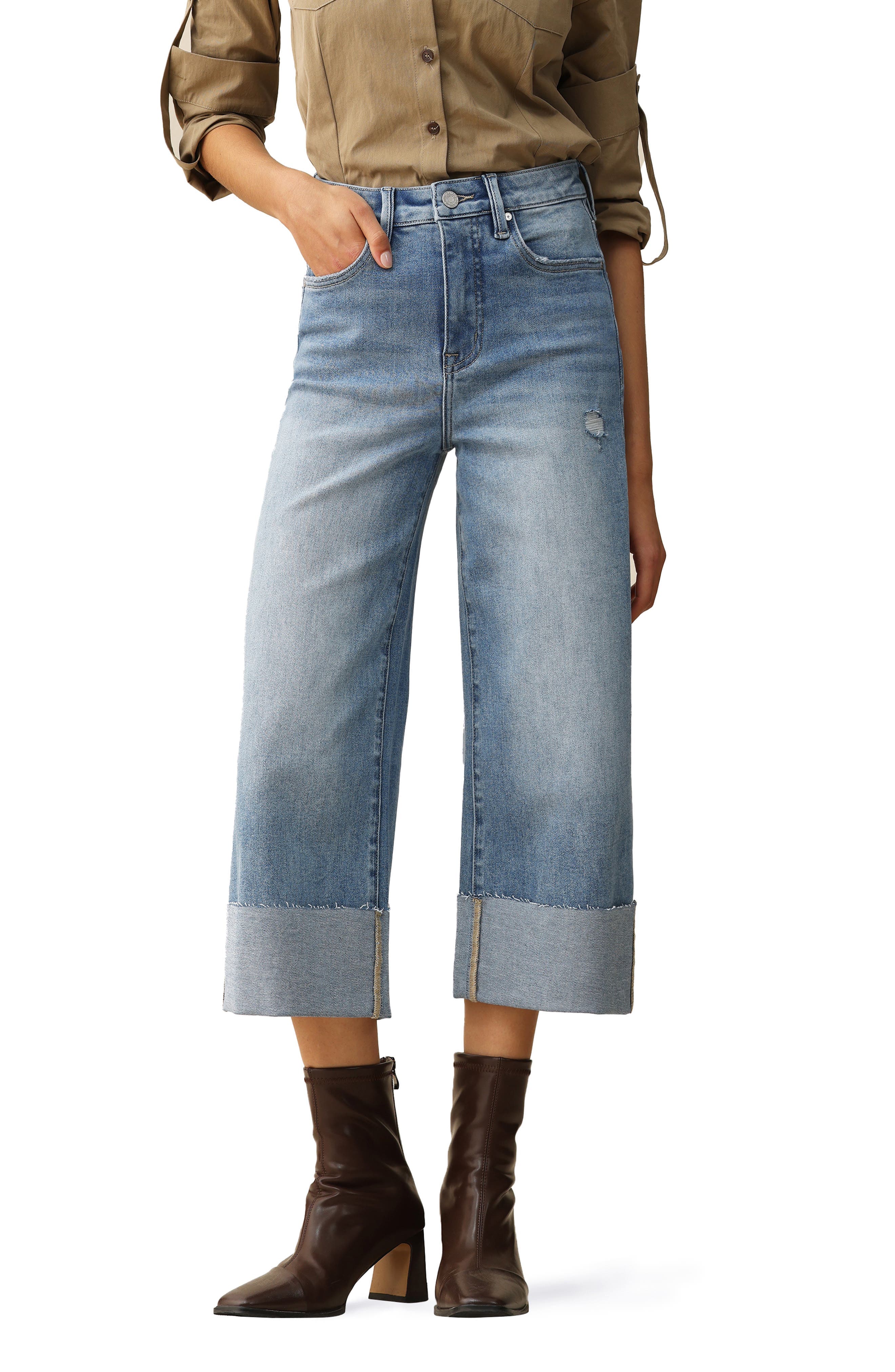Cuffed Raw Hem High Waist Crop High Waist Wide Leg Jeans - image 1