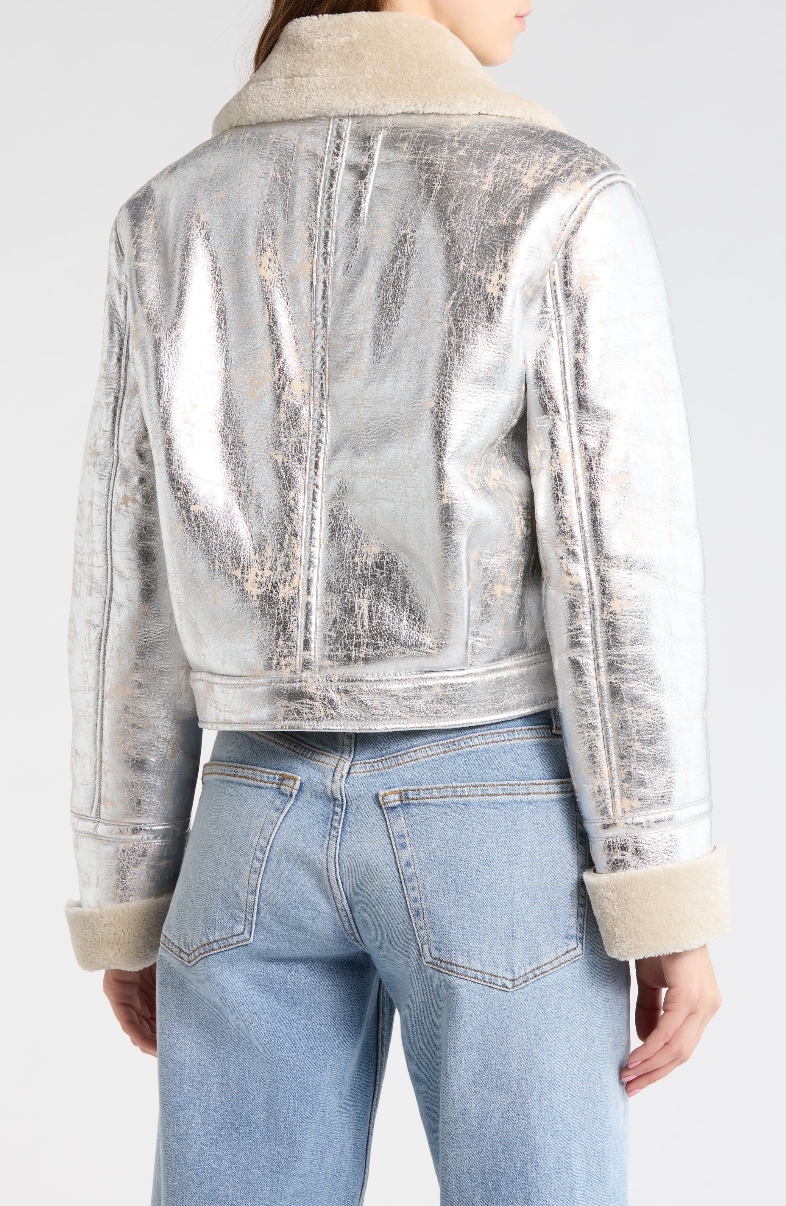 Faux Shearling Trim Faux Leather Bomber Jacket - image 2