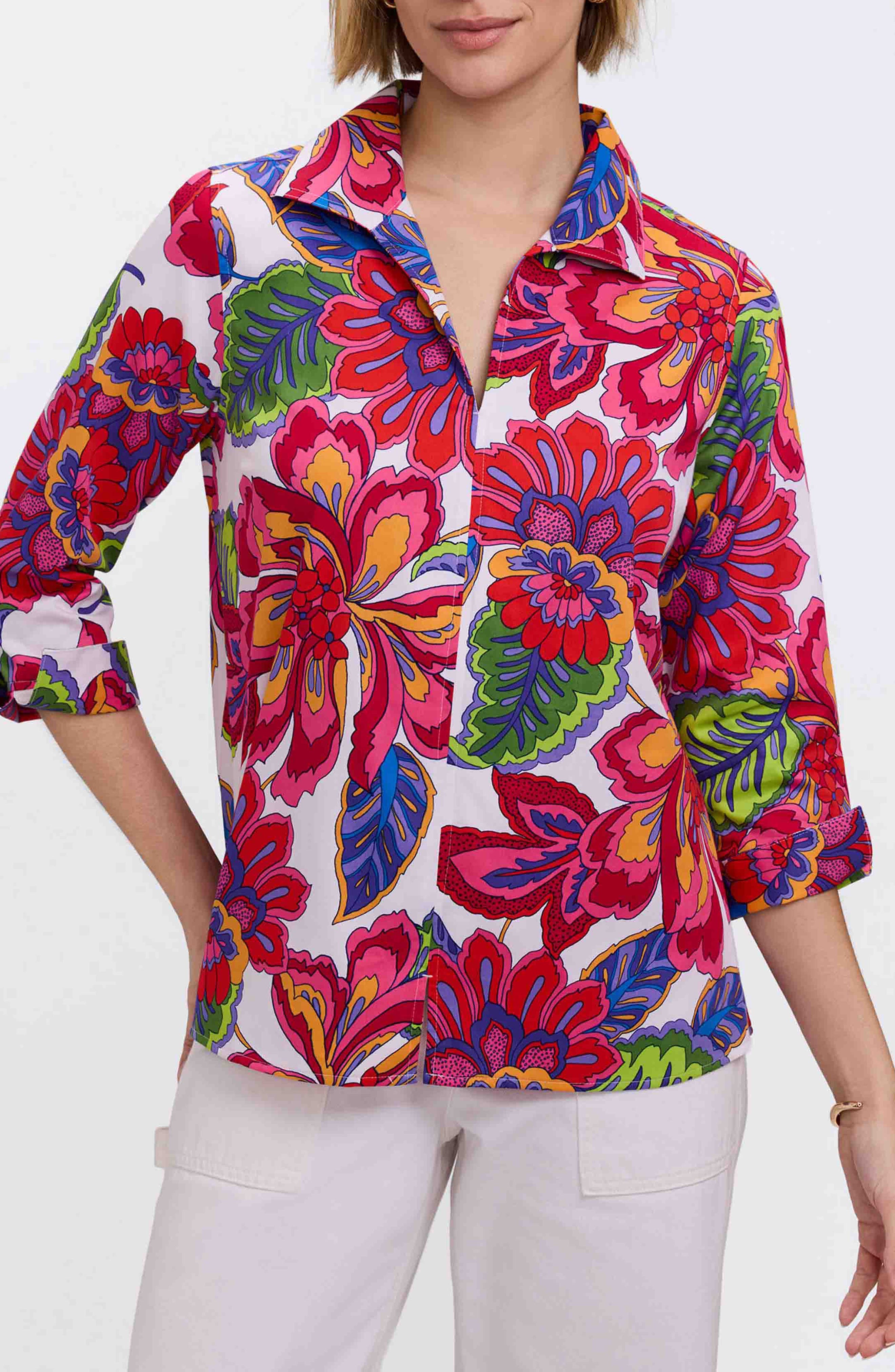 Agnes Paradise Blooms Three-Quarter Sleeve Cotton Popover Top - image 1
