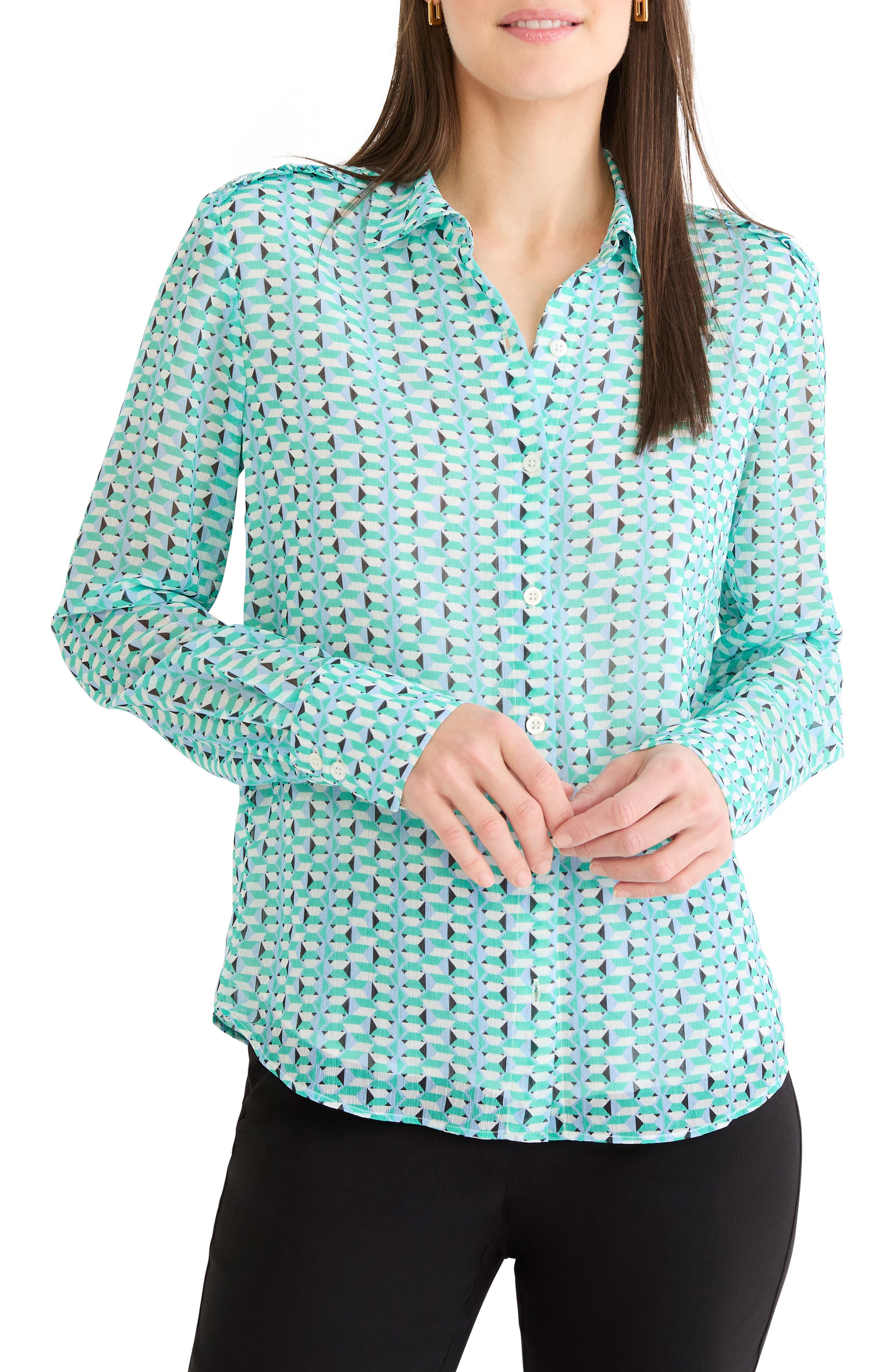 Geo Steps Relaxed FIt Chiffon Button-Up Shirt - image 1