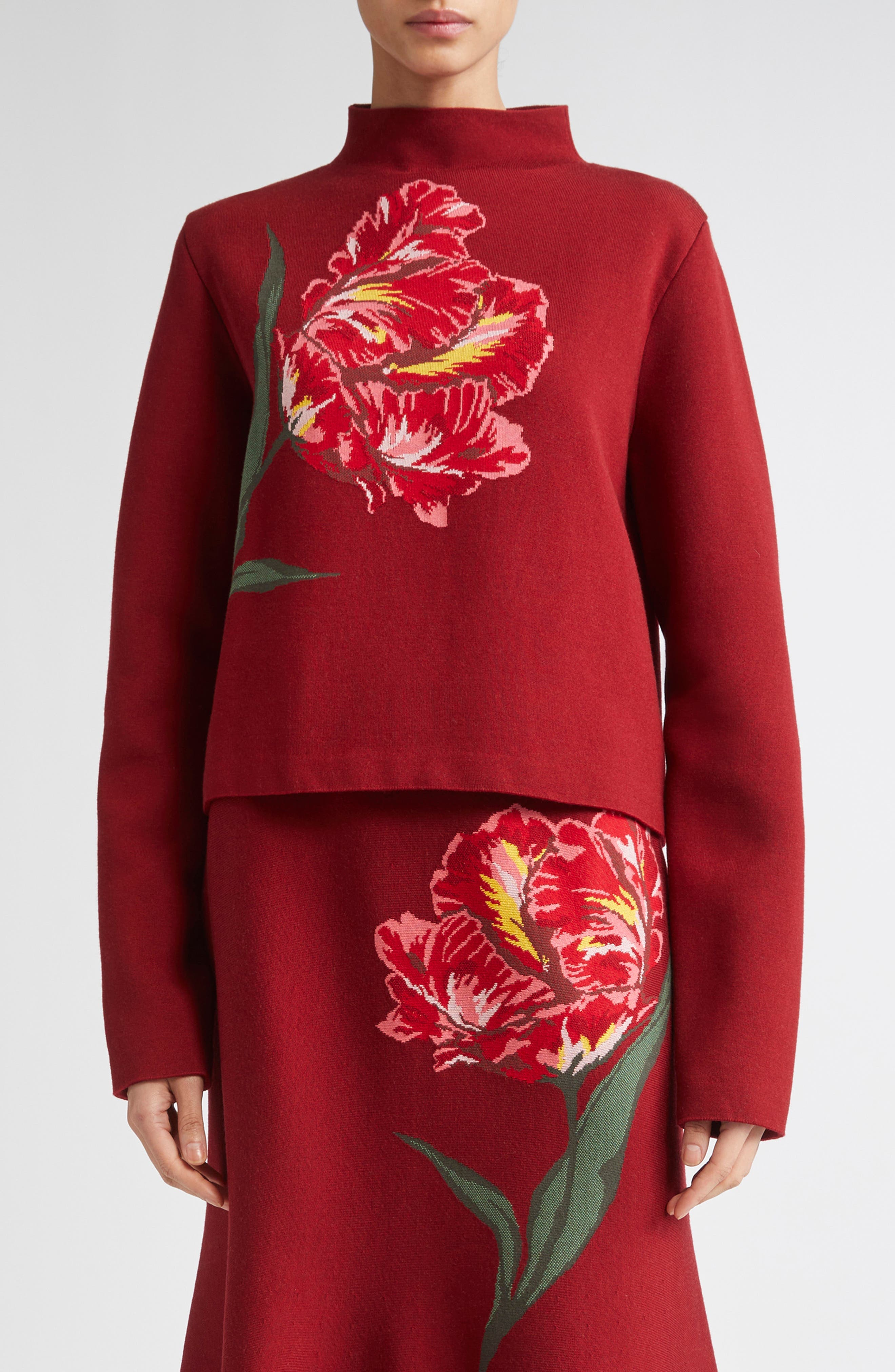 Floral Intarsia Funnel Neck Sweater - image 1