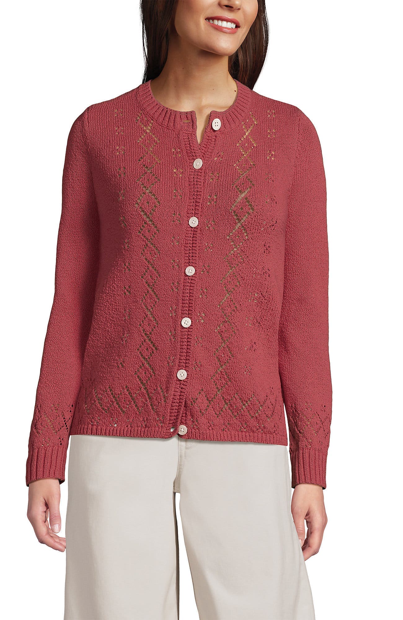 Pointelle Crew Neck Cardigan Sweater - image 5