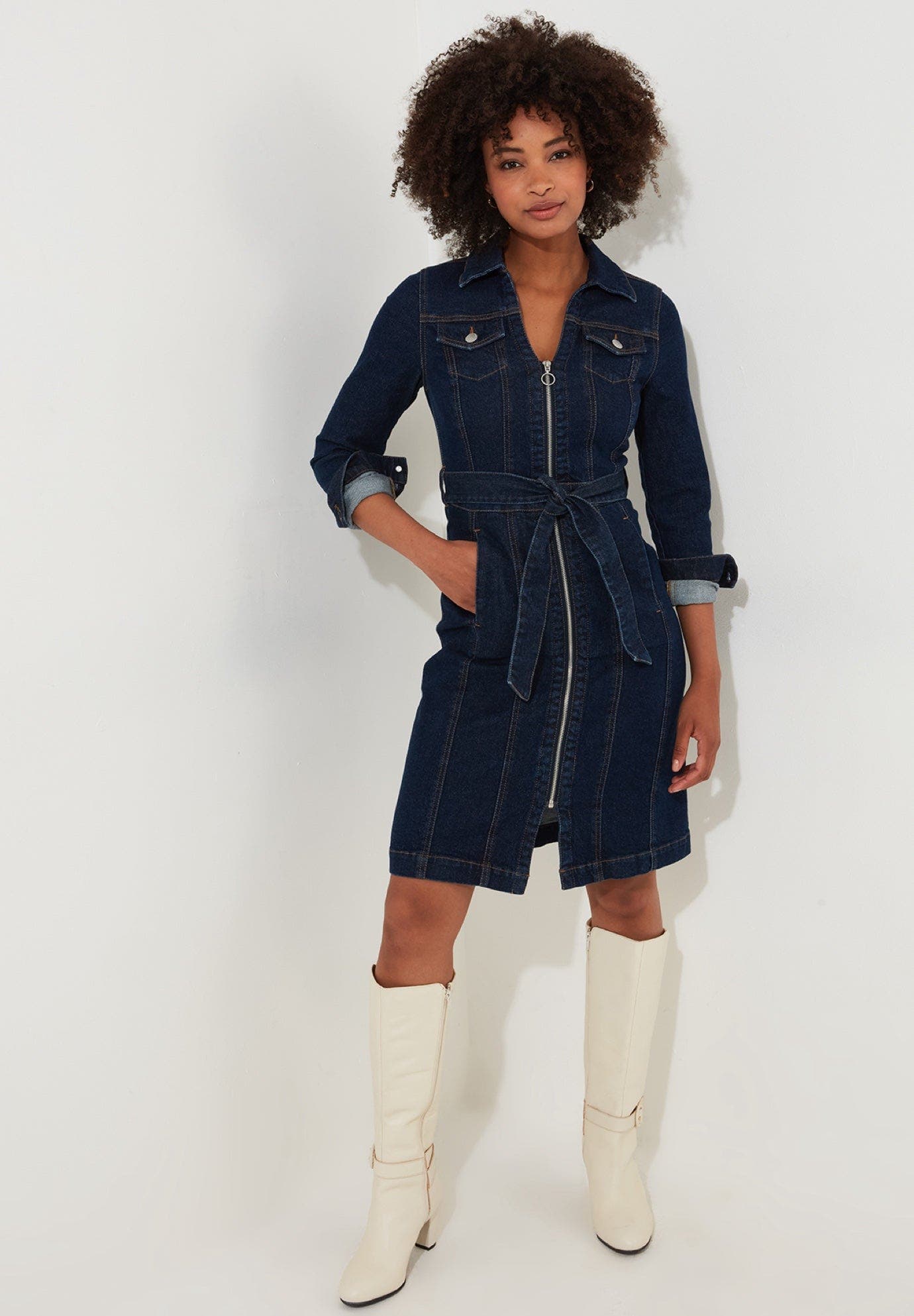 Belted Stretch Denim Dress - image 1